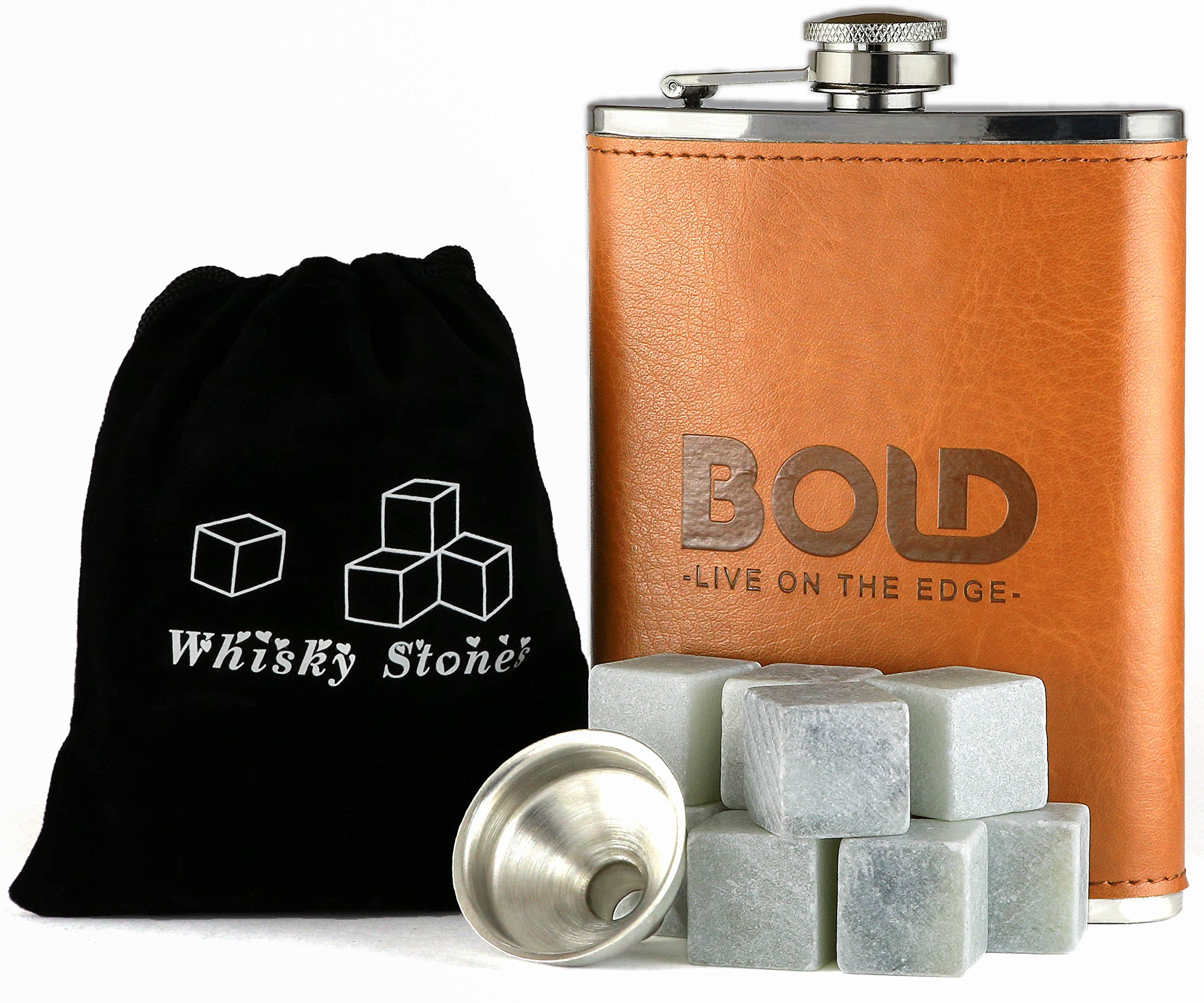 Bundle - Set of 9 Whiskey Stones, 8 oz. Stainless Steel Leather Hip Flask and Funnel Gift Set