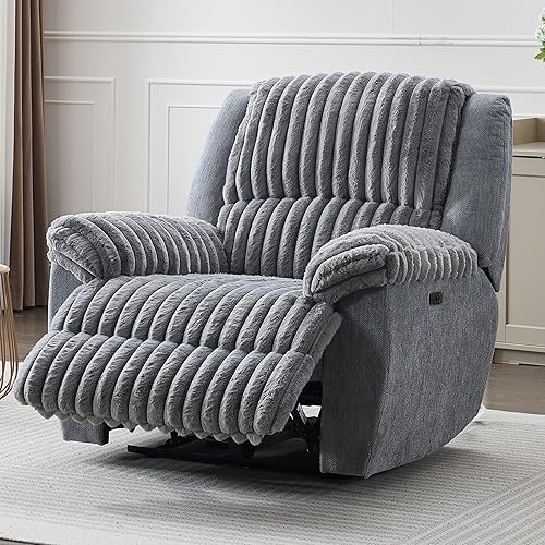 Grey Power Recliner Chairs for Living Room Faux Fur Electric Recliners Chair with USB Port Soft Fabric Overstuffed Single Reclining Chair Theater Seating