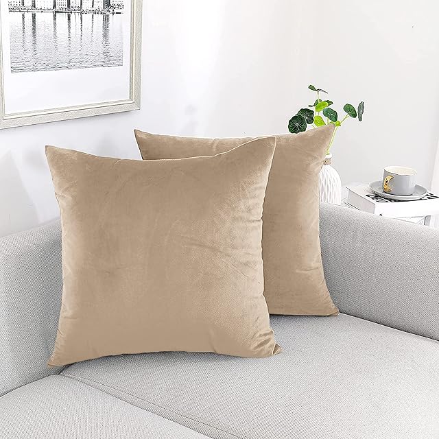 AMEHA Velvet Cushion Cover 18x18 Inches 2 Pack Square Throw Pillow Cases Decorative Beige Cushion Covers for Sofa Bedroom Living Room with Invisible Zipper (45 x 45 cm)