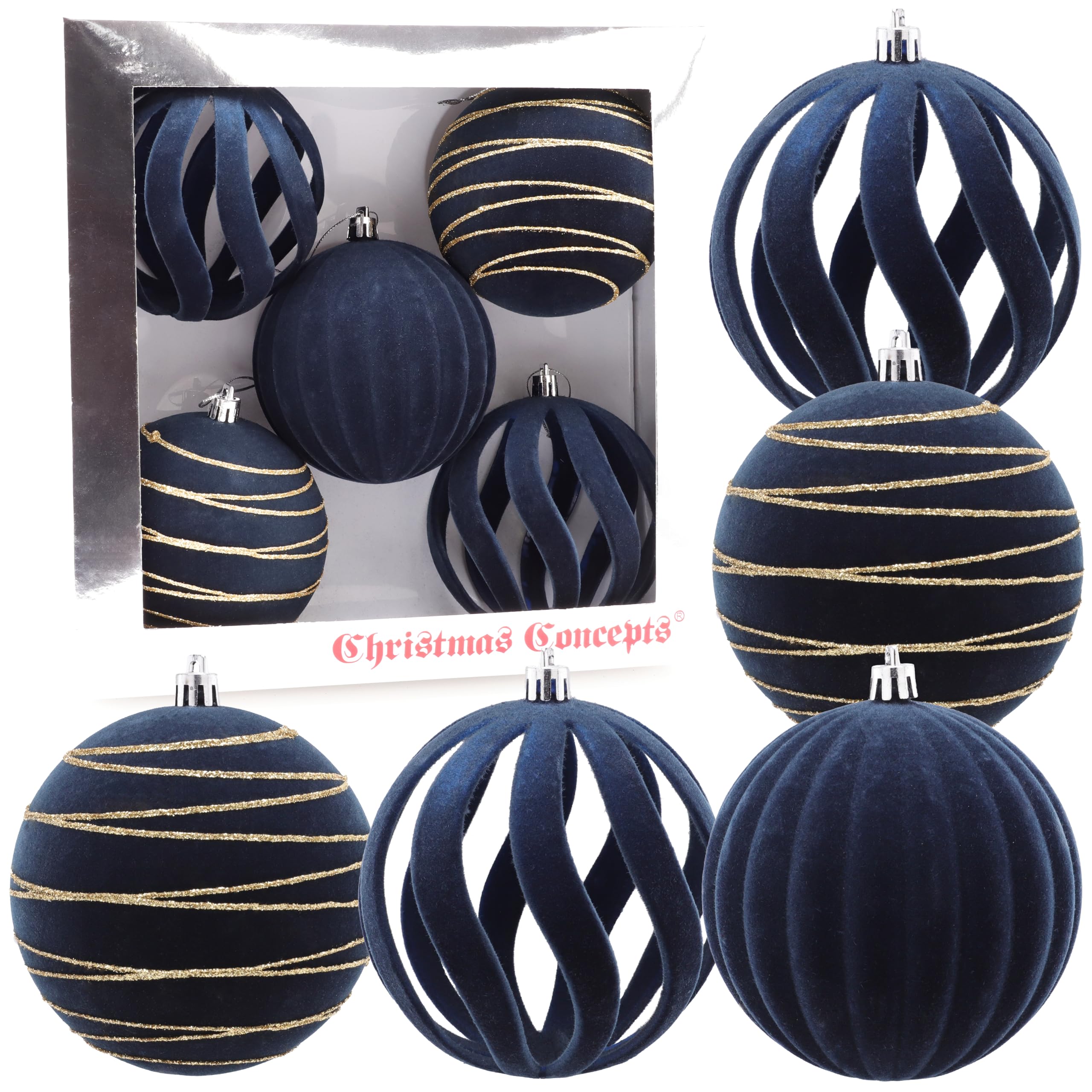 Christmas Concepts Elegance Collection Christbaumkugeln, 5 Stück, 100 mm, Mitternachtsblau, luxuriös, Samt und Glitzer verziert, große Christbaumkugeln, hängende Dekorationen