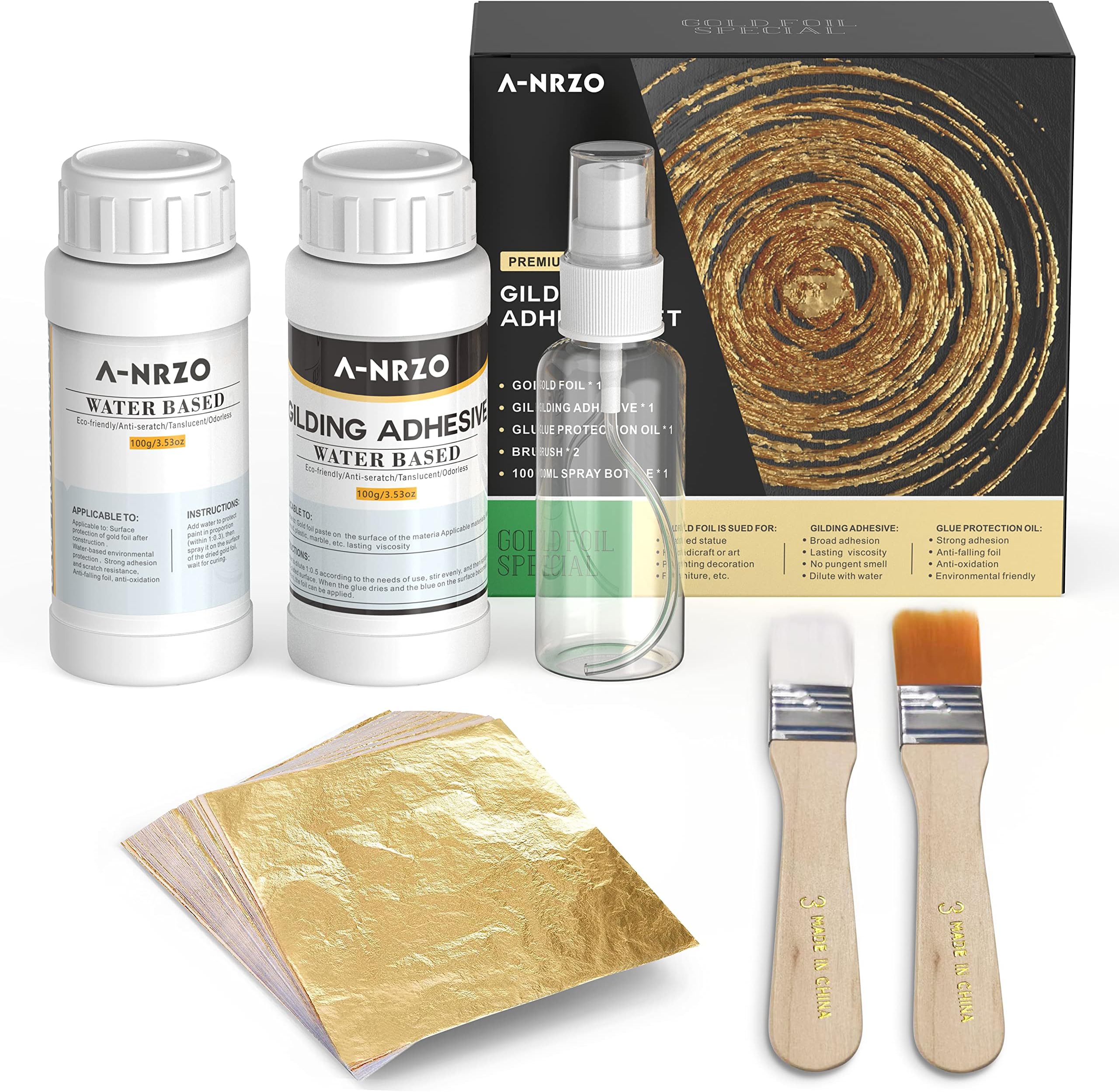 Gold Leaf Gilding Adhesive 200ml Set, with Water Based Gold Leaf Adhesive and Protective Varnish, Gold Leaf Sheets 100 pc, 2 Brushes,1 Spray Can, for Craft, Painting and Arts