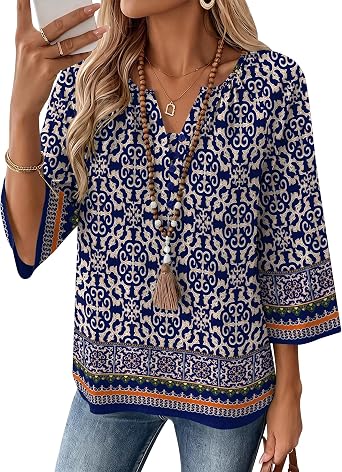 AKEWEI Womens 3/4 Sleeve Tops V Neck Linen Blouse Button Down Shirts for Women Dressy Casual 2026