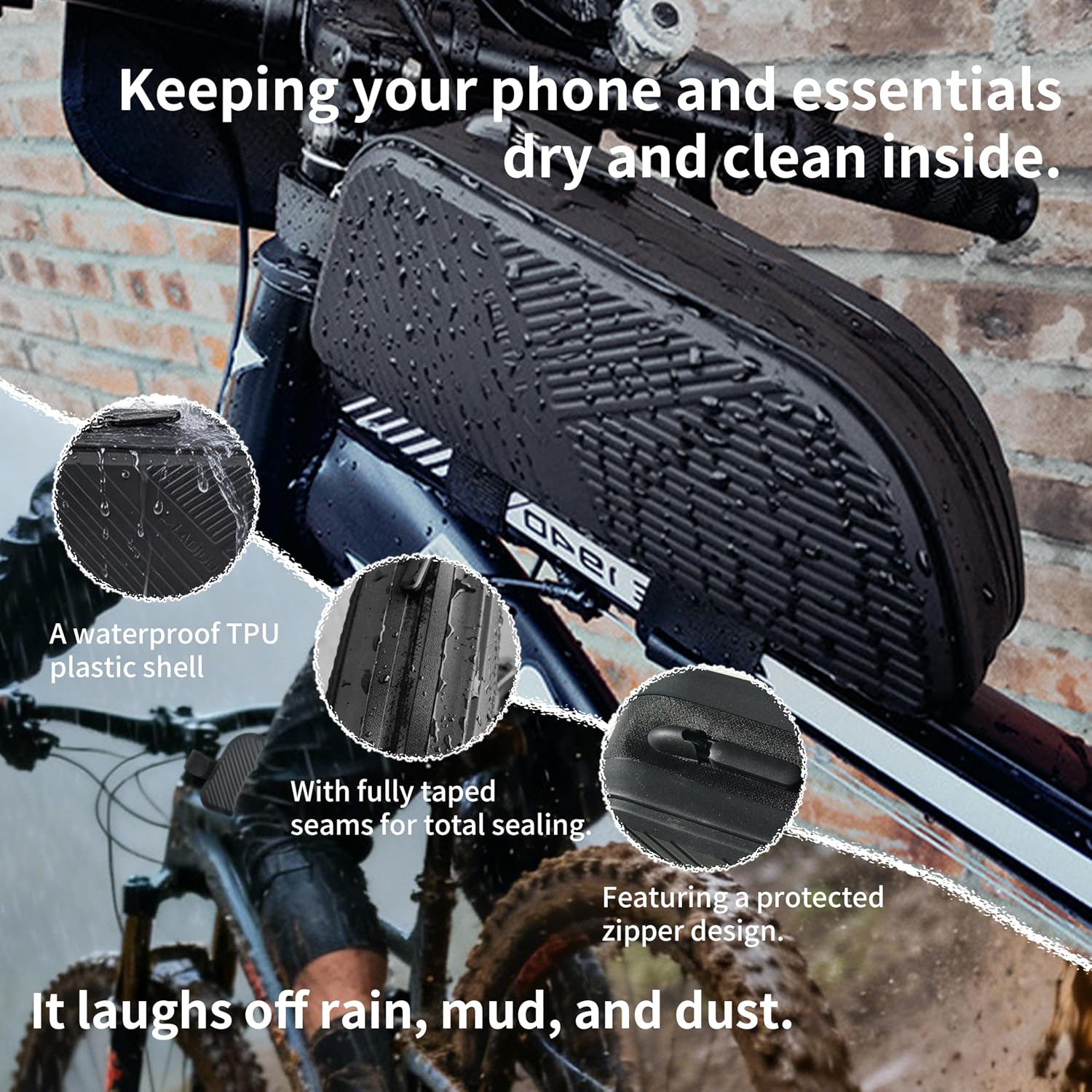 Waterproof Top Tube Bike Bag for Mountain Bikes, Large Capacity Front Triangle Storage Pouch with Reflective Stripes, Protect Your Phone, Money and Other Valuable Items