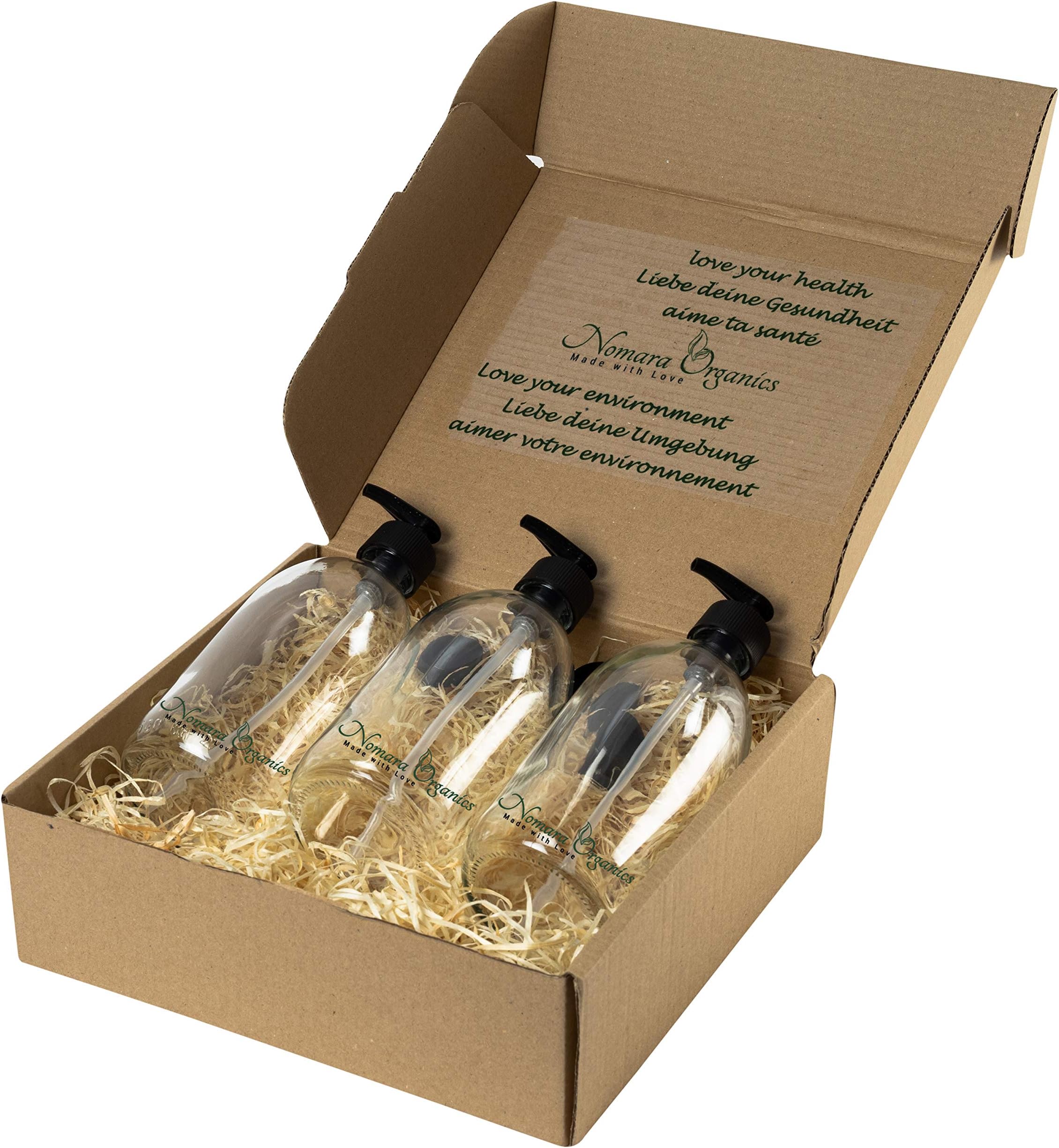 Nomara Organics Lotion & Soap Dispensers, 3 x 300 ml set Clear Glass pump Bottles. BPA-free, Reusable. Refillable Pump Dispenser, Gift for Handwash, Kitchen, Bathroom, Hand gel.