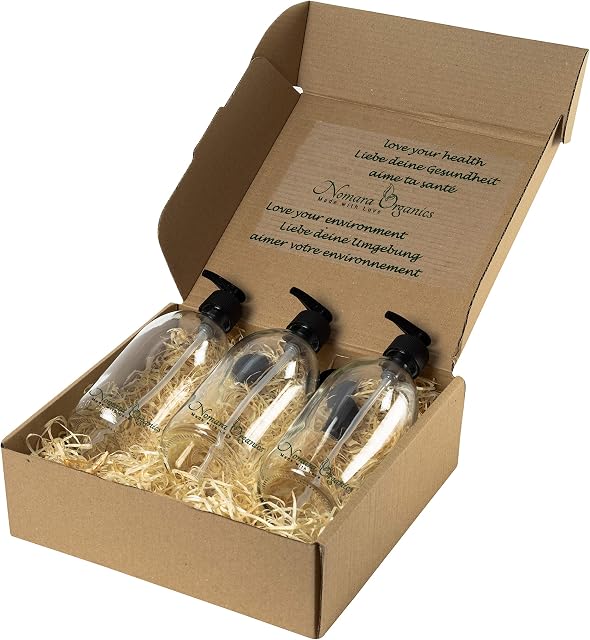 Nomara Organics Lotion & Soap Dispensers, 3 x 300 ml set Clear Glass pump Bottles. BPA-free, Reusable. Refillable Pump Dispenser, Gift for Handwash, Kitchen, Bathroom, Hand gel.