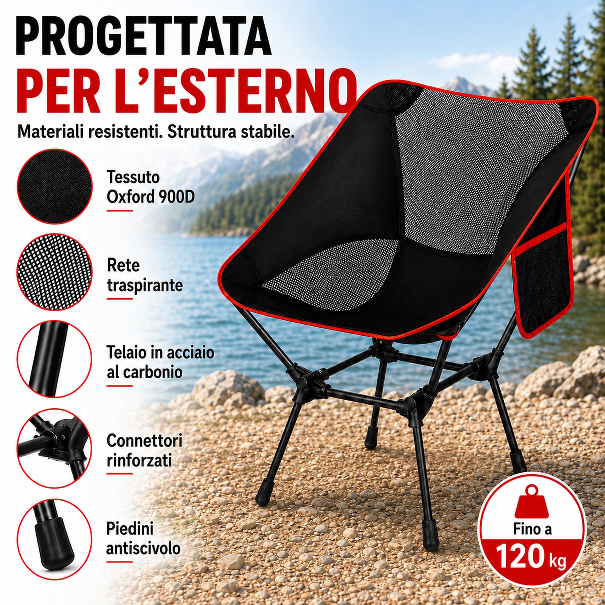 Sedia da Campeggio Pieghevole Portatile fino a 1 20 kg, Moon Chair Outdoor in Oxford 900D con Tasca Laterale e Borsa da Trasporto, per Spiaggia Pesca Picnic Giardino