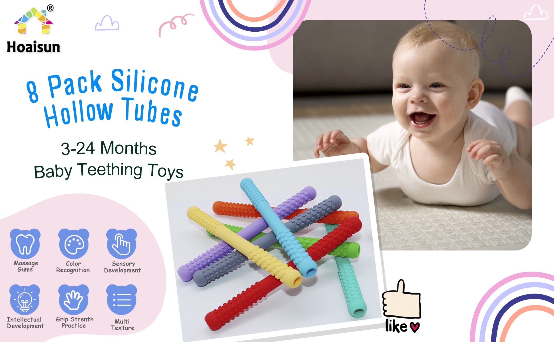 Lot De 8 Pailles De Dentition Pour Bébés, Tubes De Dentition Creux Pour Nourrissons Et Tout-petits, Allaitement, Mordre, Jouets De Dentition En Silicone Pour Bébé De 3 à 6 à 12 Mois