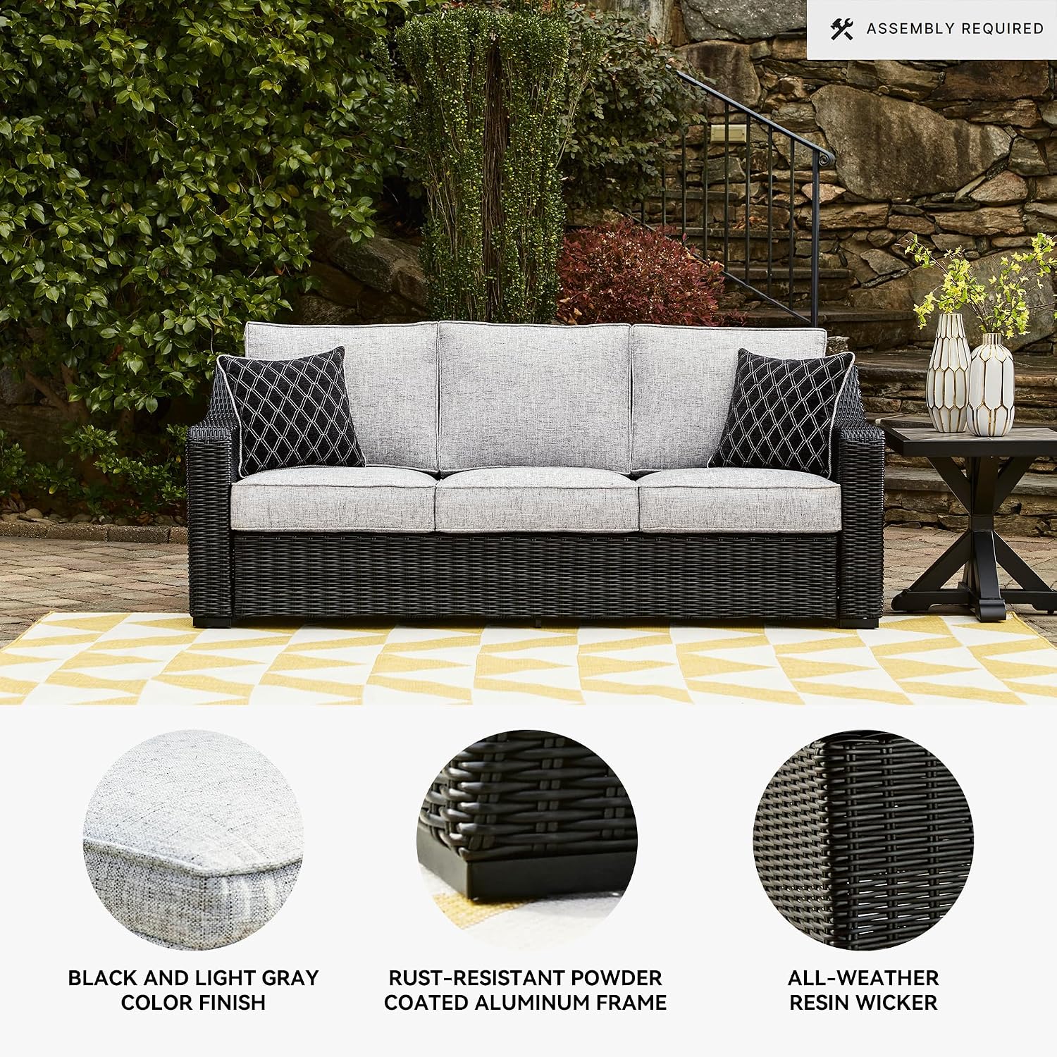 Ashley Beachcroft Nuvella Outdoor Sofa with Cushion and Toss Pillows Black & Light Gray