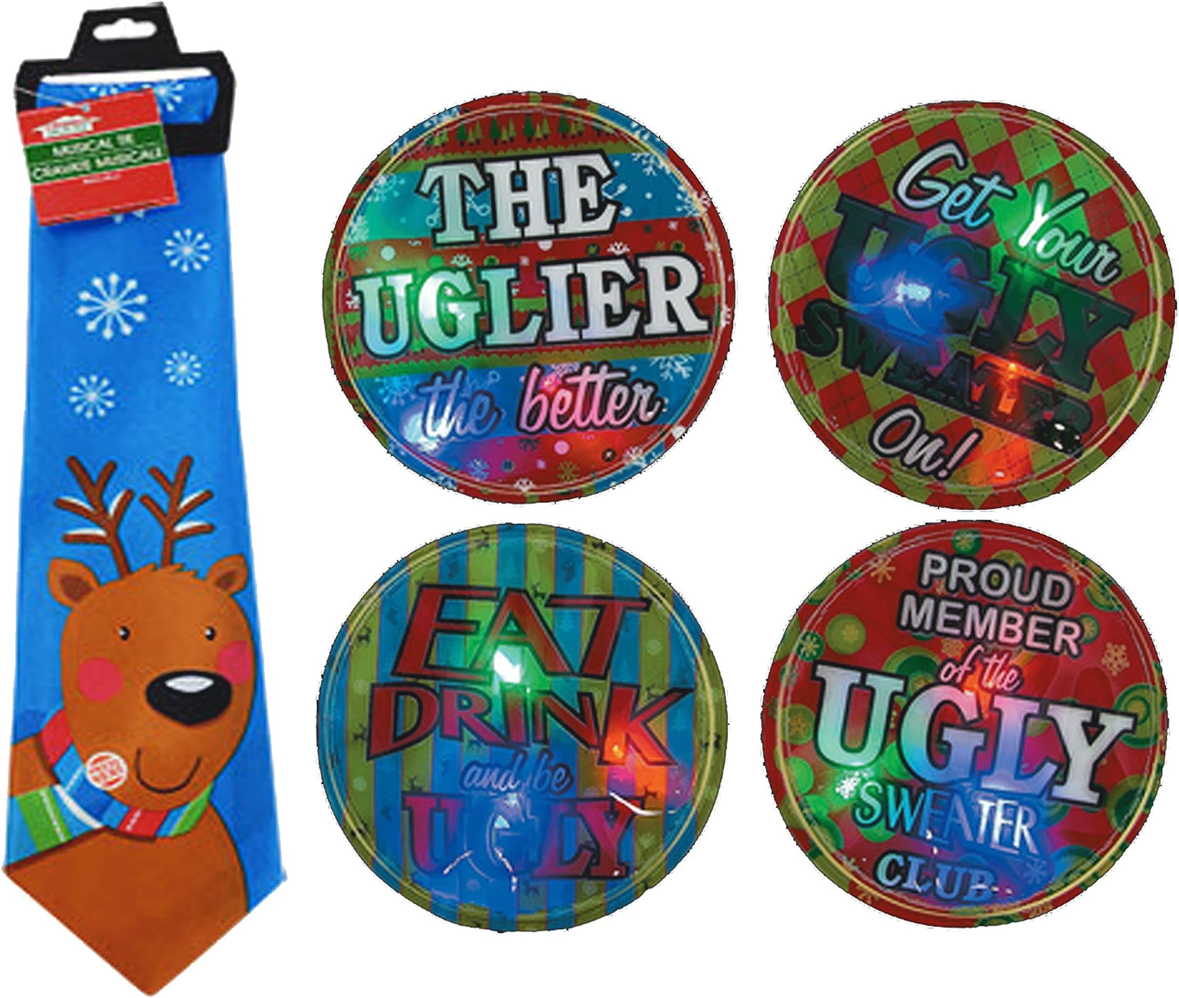 Novelty Ugly Christmas Sweater Reindeer Inspired Musical Christmas Tie Assortment, 56" Plays Jingle Bells at The Push of a Button! Plus Bonus Ugly Sweater Flashing Light Button!