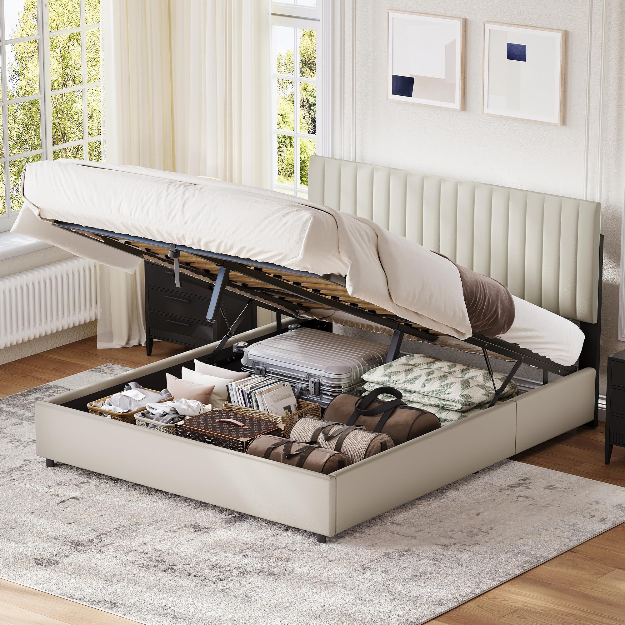 Besbed Double Bed Upholstered Ottoman Bed Frame, 135x190 cm Double Bed with Storage and Headboard, Hydraulic Storage Beds Frame with Slats, PU, No Mattress
