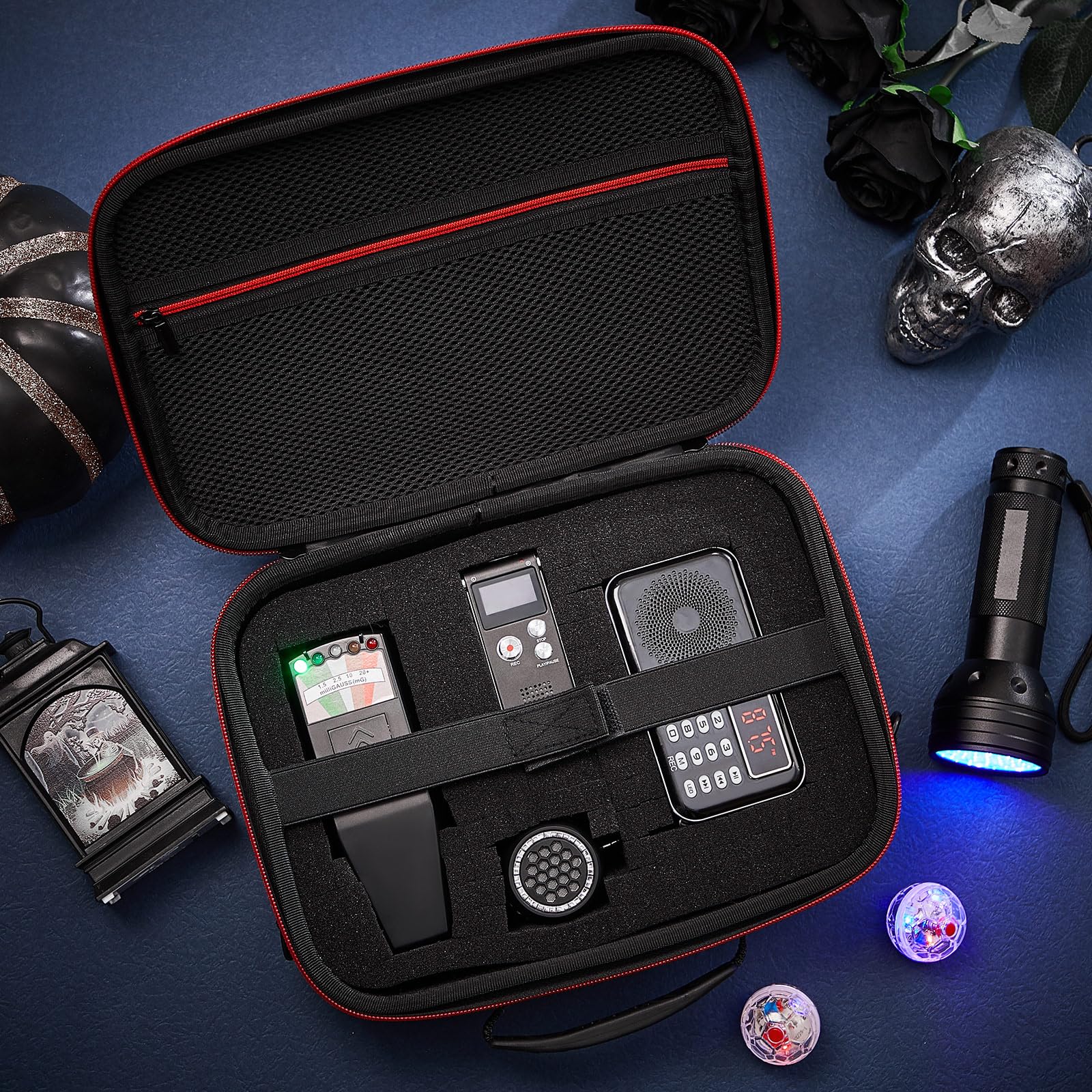 Dunzy 8-teiliges Geisterjagdausrüstungs-Set, enthält 1 Emf-Meter, 1 Geisterjagd-Forschungskoffer, 1 Sprachrekorder, 1 Taschenlampe, 1 Lautsprecher, 2 bewegliche Katzenbälle und 1 FM-Radio (EMF-Meter 1