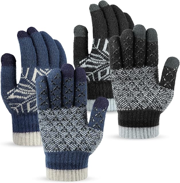 KUYOU 2 Pairs Winter Gloves Men Women, Wool Knitted Thermal Warm Gloves Anti-Slip Touch Screen Gloves for Cycling Running Climbing Hiking Outdoor Work Sports, Black and Blue
