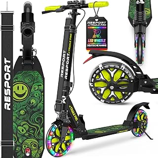 RE:SPORT® Cityroller für Kinder & Erwachsene mit LED, Klingel & Tragegurt | Kickscooter Tretroller inkl. Handbremse & Doppelfederung | Cityroller höhenverstellbar & klappbar | Scooter große Räder