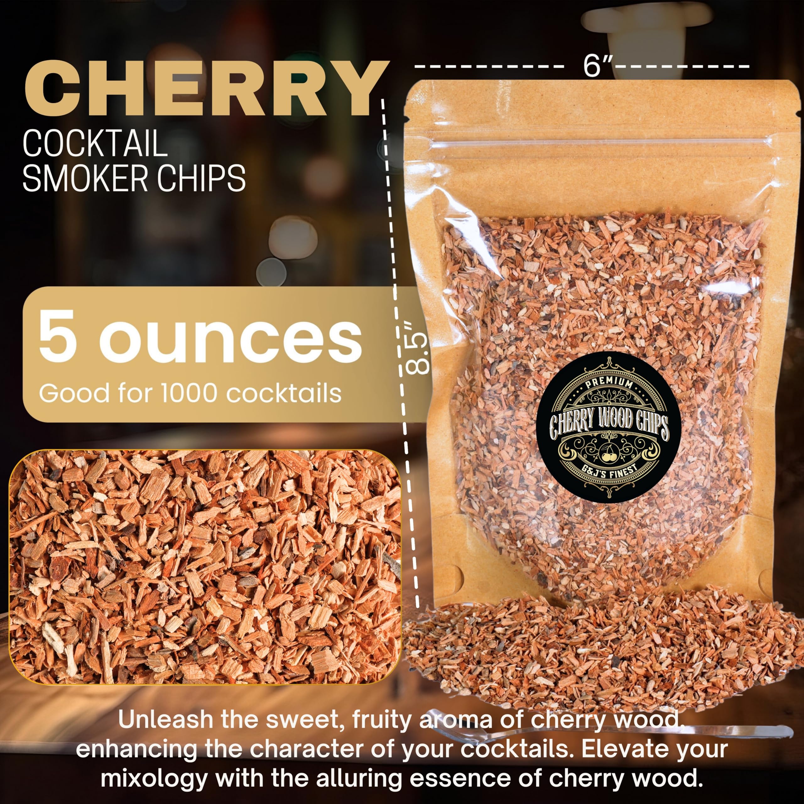Cherry Wood Chips for Cocktail Smoker; Smoked Whiskey/Bourbon/Old Fashioned Drinks - Extra Fine Sawdust Shavings for Cocktail Smoking Guns, Smoke Box, BBQ - 5oz Gift Bag & Spoon By G&J's Finest