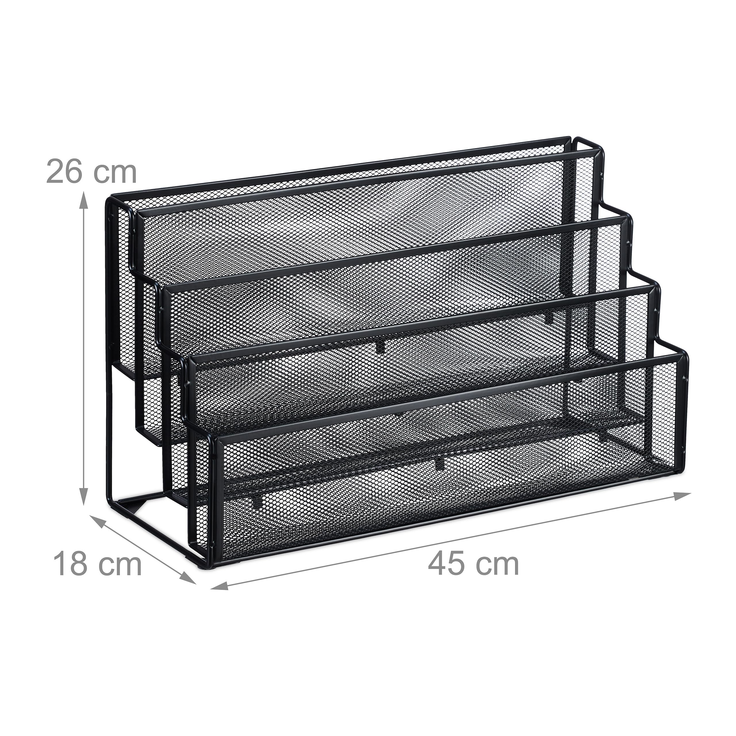 Relaxdays Porte-Documents, métal, 4 Compartiments, pour Lettres et Magazines, H x L x P : 26 x 45 x 18 cm, Noir