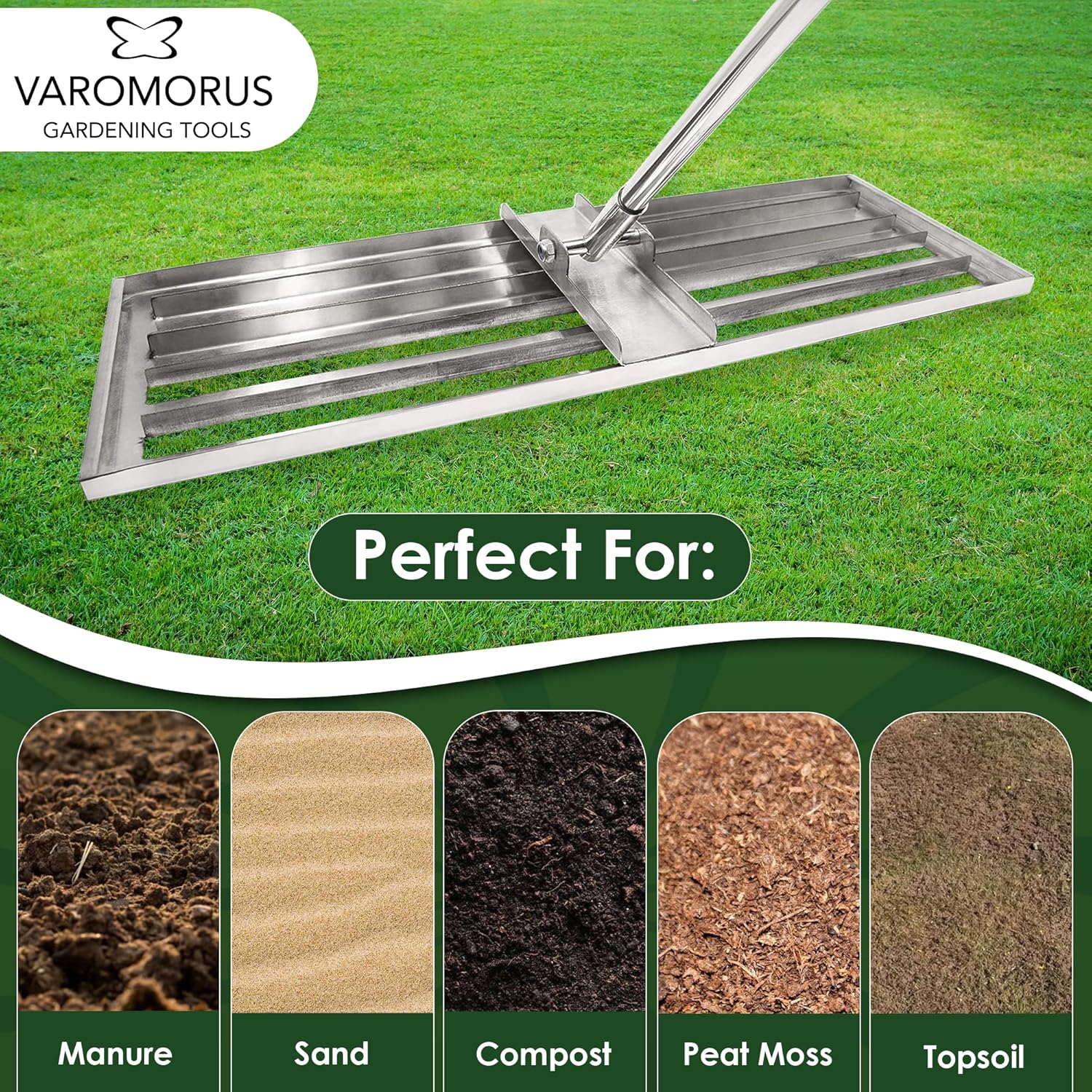 Varomorus Stainless Steel Lawn Level Rake - 30" Professional Yard, Garden, and Lawn Leveling Tool with Long Handle, Ideal for Grass, Golf Fields, and Soil Surfaces