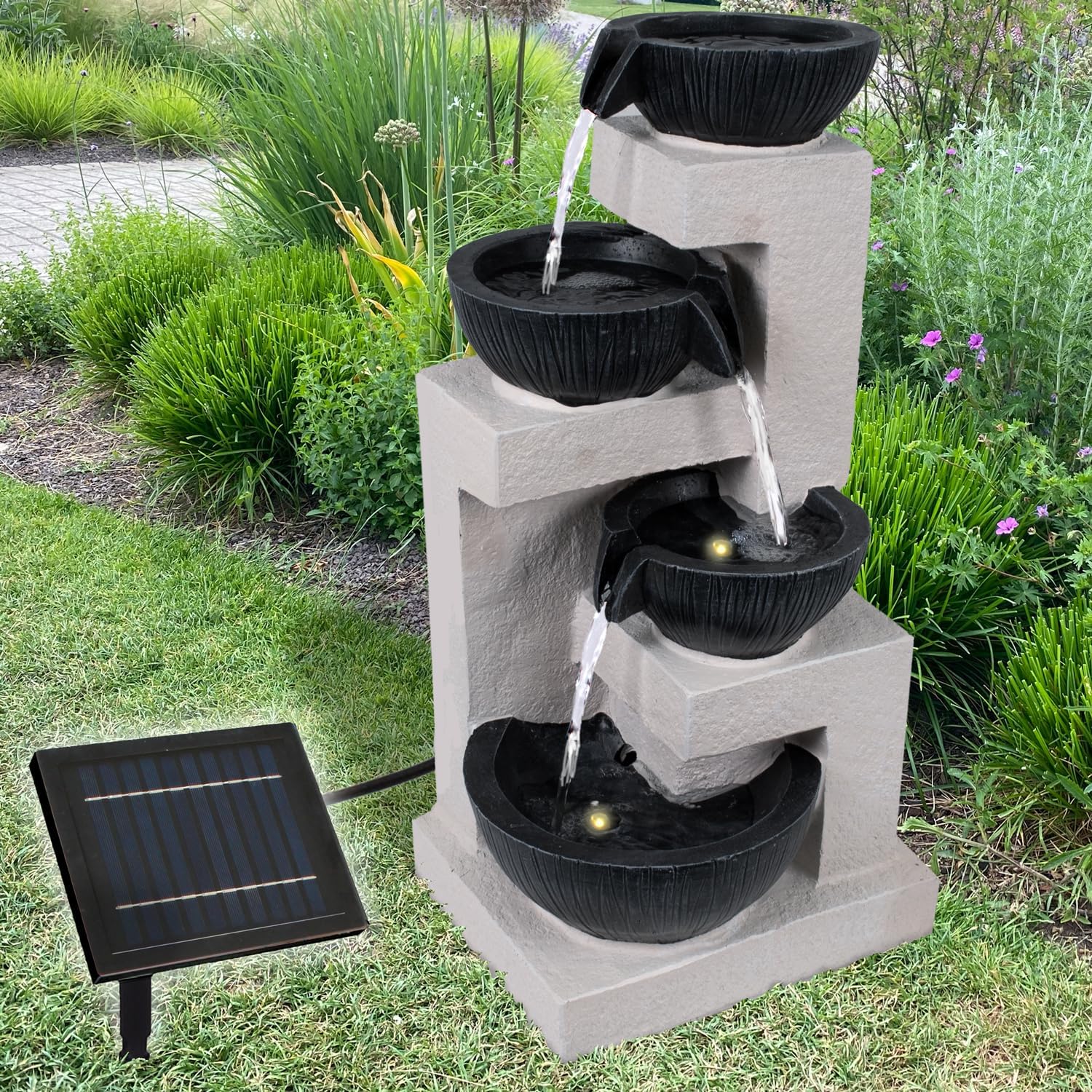 Fontana solare da giardino, fontana solare con luce a LED, fontana decorativa, lampada da giardino, pompa per terrazzo, balcone, con pompe (fontana solare a cascata con luce a LED)