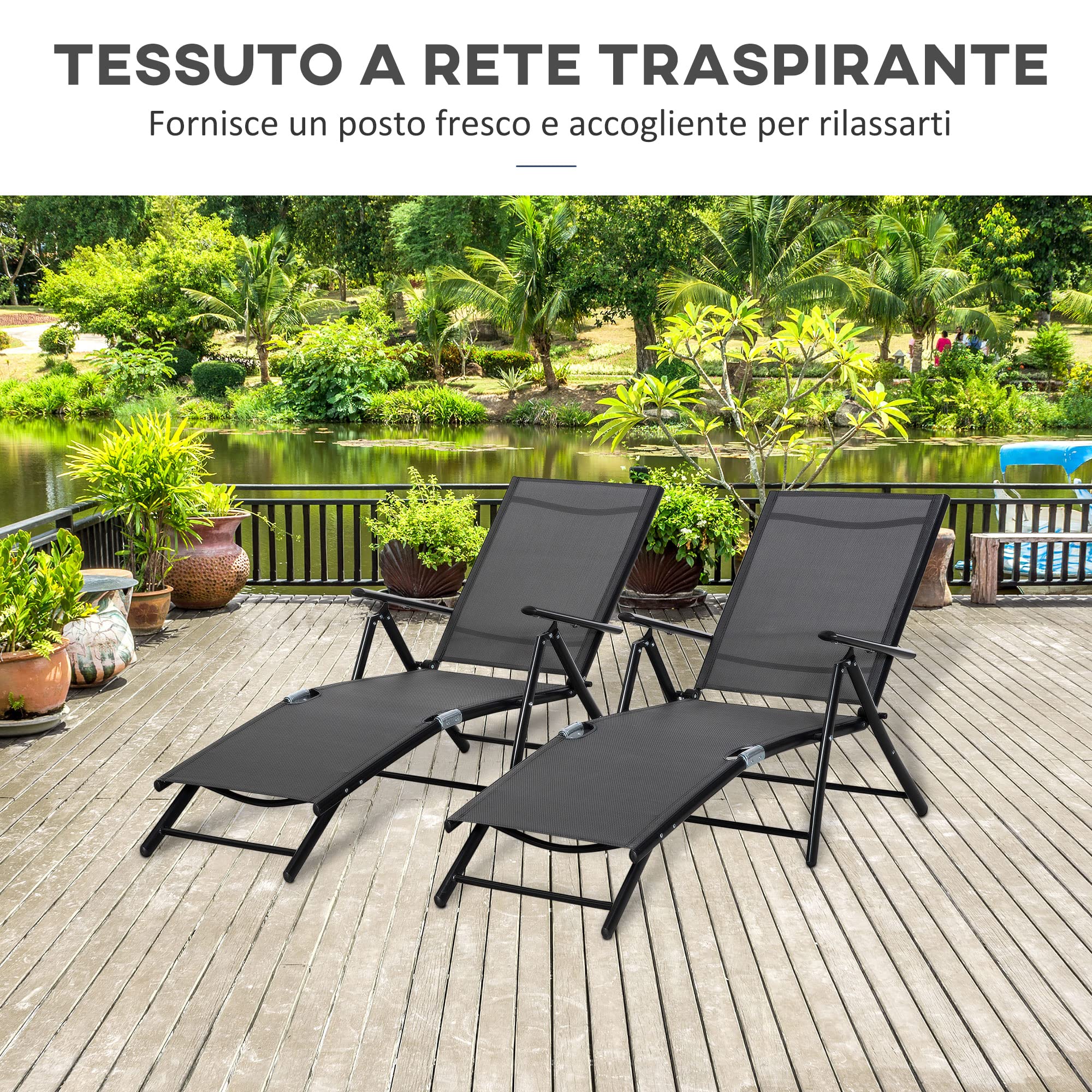 Outsunny Set 2 Sedie Sdraio da Giardino Pieghevoli in 7 Posizioni Nere | Schienale Regolabile, Lettino Prendisole, Sdraio da Spiaggia, Alluminio, Rete Traspirante