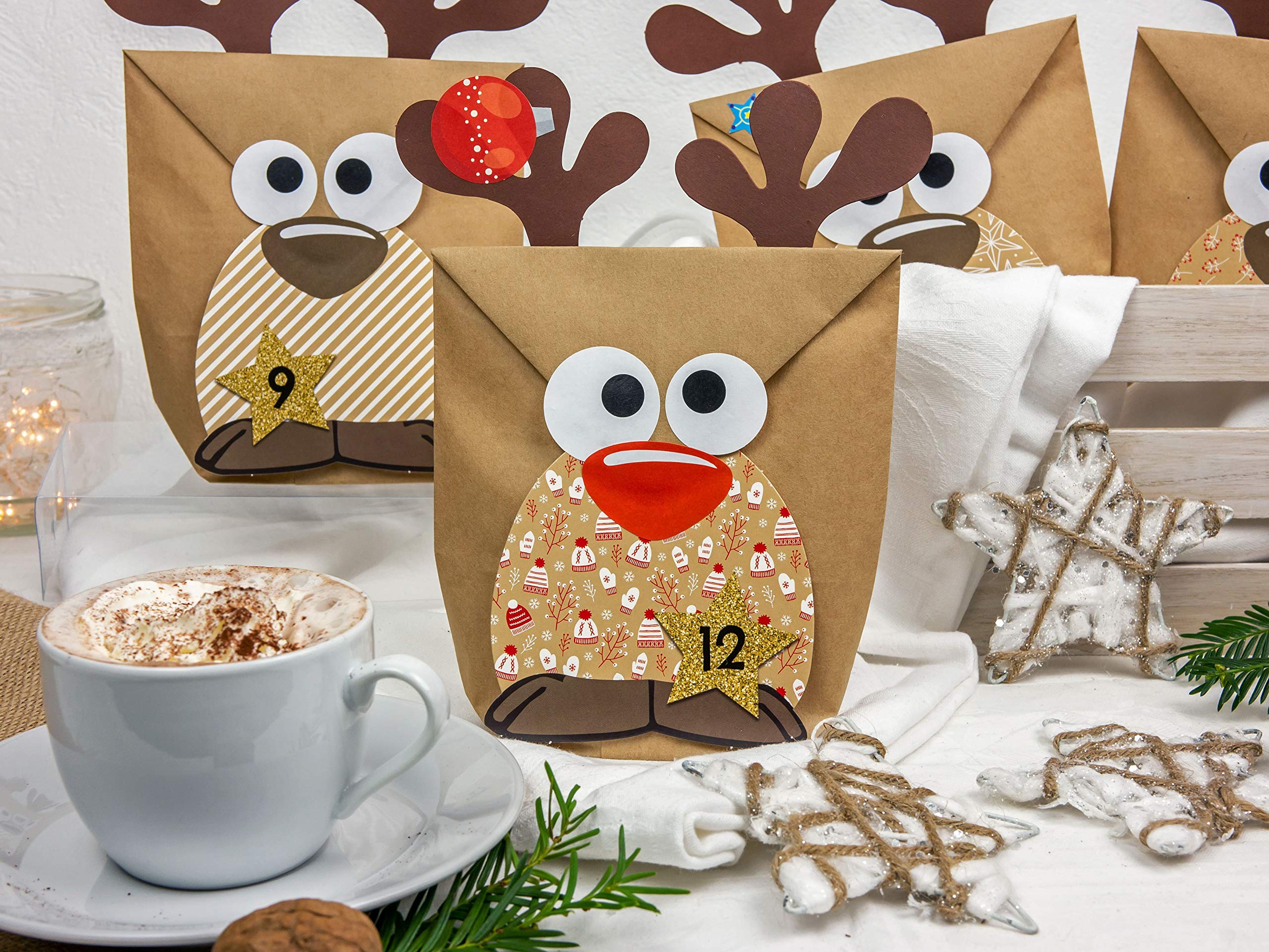 Papierdrachen Calendrier de l'Avent à remplir - Renne au Ventre Brun à fabriquer soi-même - 24 Sacs à Personnaliser et à remplir soi-même - Noël 2021 pour Les Enfants