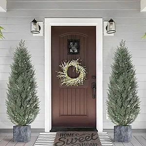 GarveeHome 5 Ft Artificial Topiary Trees Set of 2, Uv Resistant Faux Cedar Porch Tree with Decorative Grass, Potted Fake Evergreen Cypress Plants for Indoor Outdoor Decorations