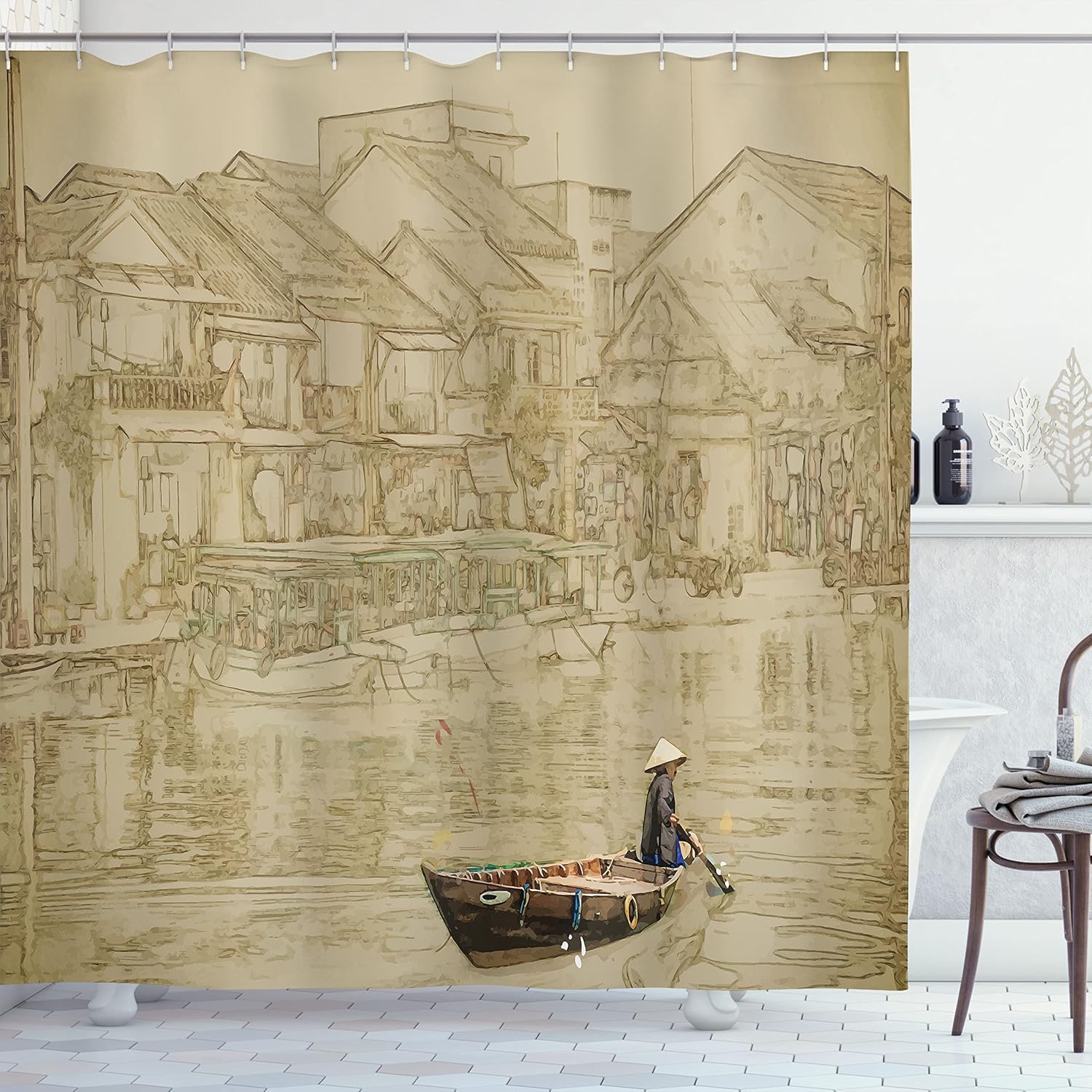 Ambesonne Vintage Boat Shower Curtain, Vietnam Scenery with a Traditional Ship Sailing on River Culture View, Cloth Fabric Bathroom Decor Set with Hooks, 69" W x 70" L, Sepia Beige