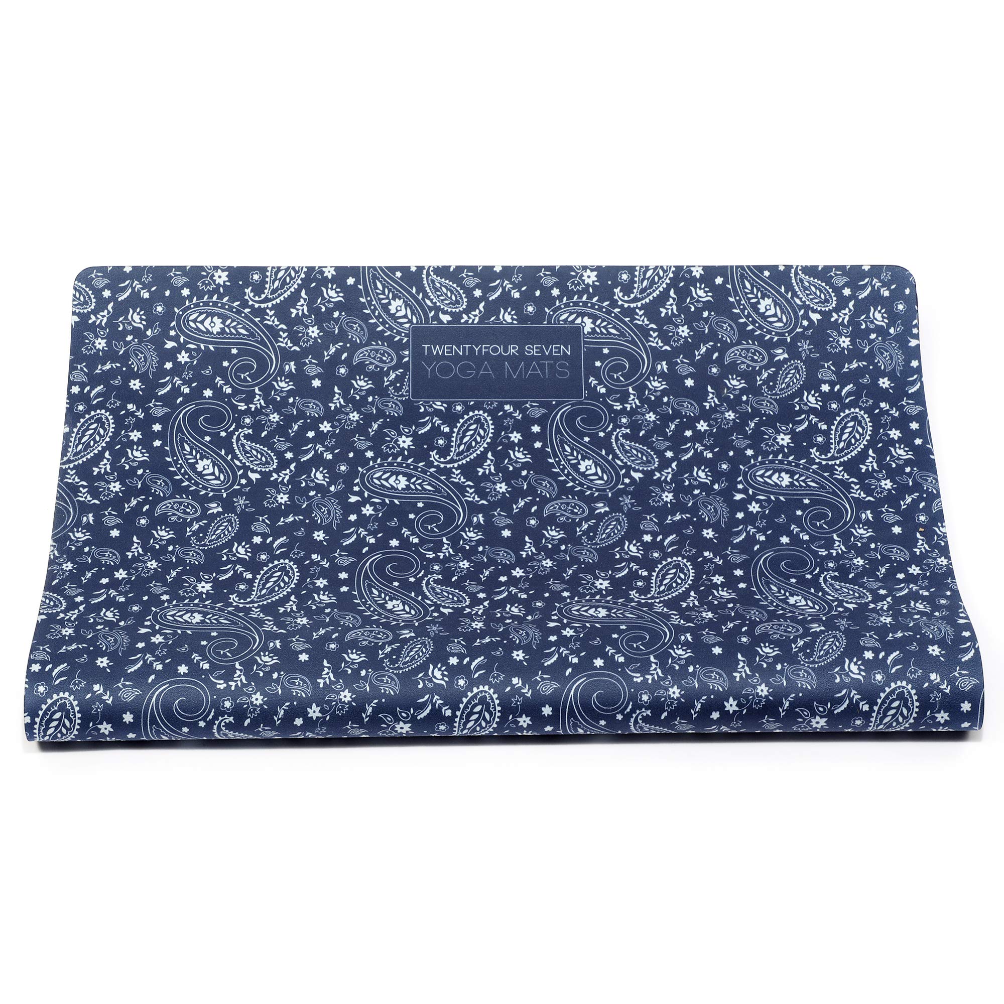 247YOGAMATS Esterilla de Yoga caucho y microfibra BLUE PAISLEY / 183 x 68 cm, 4 mm/Antideslizante/Apta lavadora/Yoga principiantes y avanzado/Cinta de transporte incluida
