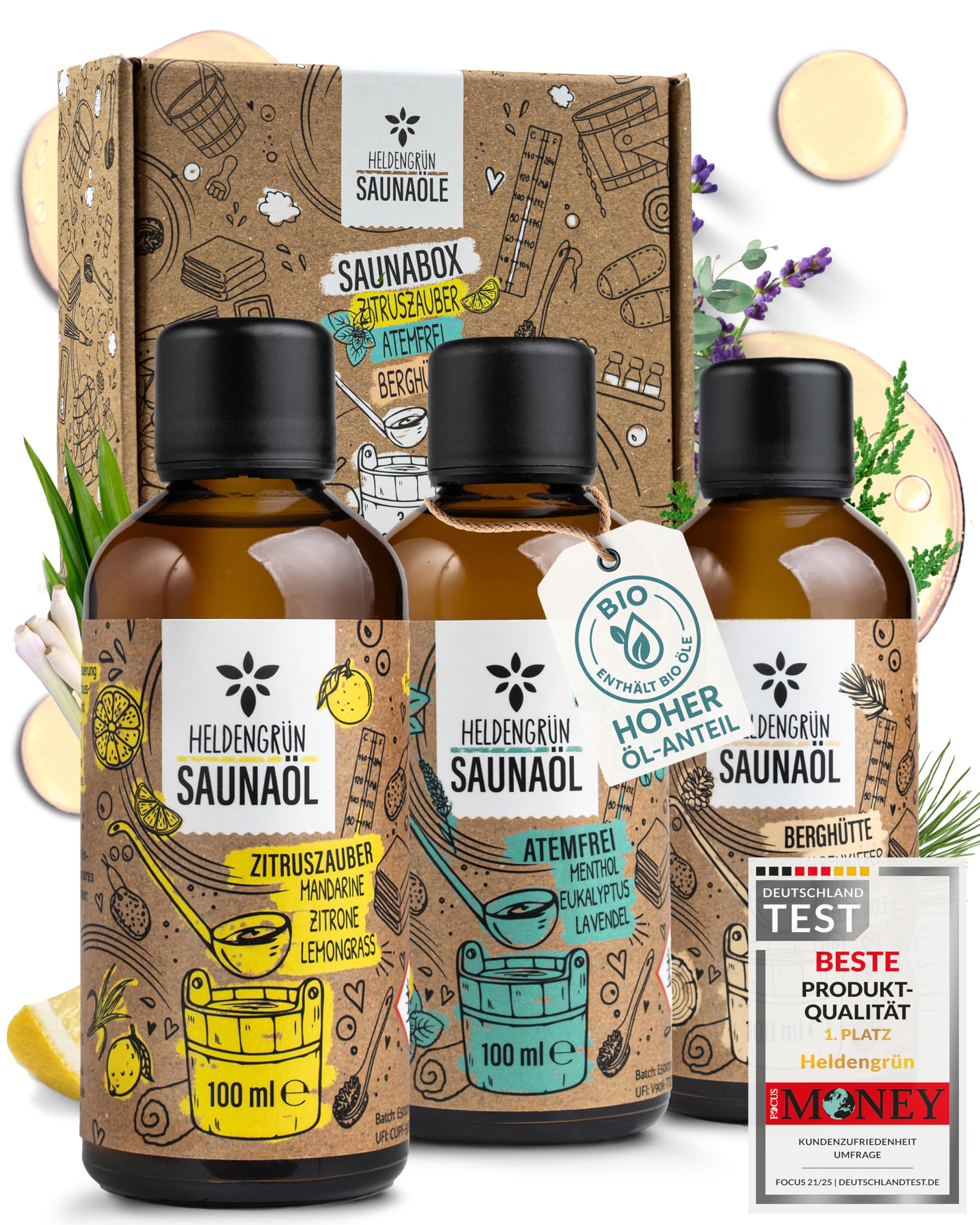 Heldengrün® BIO Saunaaufguss Set [100 % NATURREIN] 3er Duftmix mit ätherischen Bio-Ölen – Für jede Stimmung & 60 Anwendungen – Sauna Konzentrat: wohltuend & intensiv – Geschenk für Sauna-Liebhaber