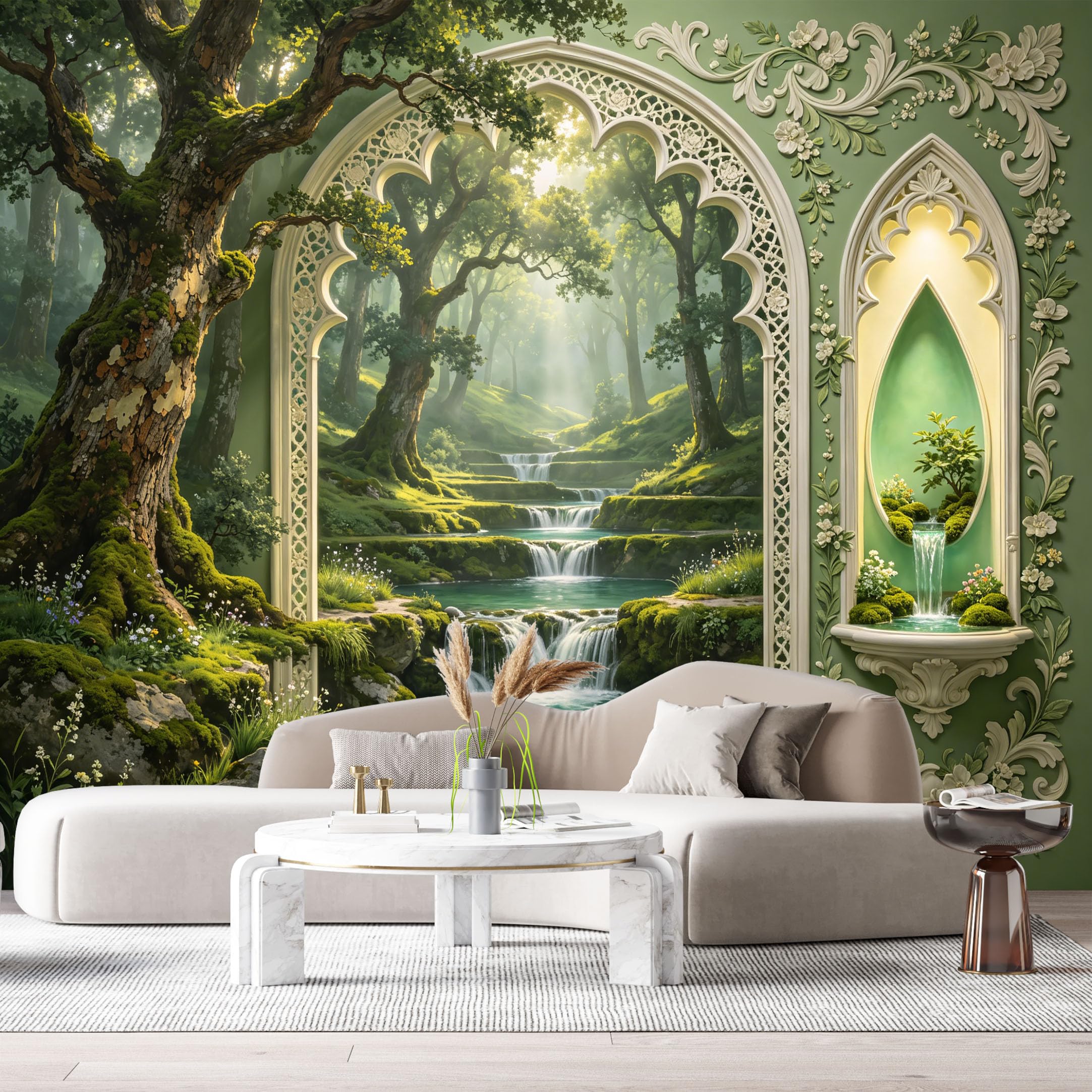 Custom Size Wall Murals Forest Waterfall Archway Landscape 3D Trompe L'Oeil SelfAdhesiveWall Fabric Removable Wallpaper Wall Decor for Living Room Bedroom Bathroom