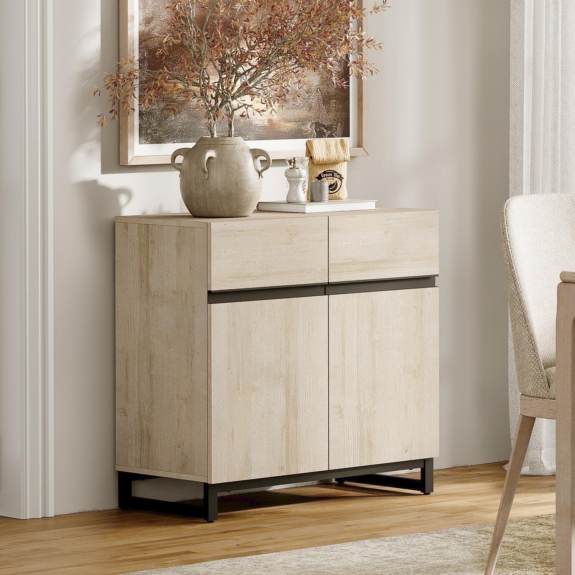 wampat sideboard buffet cabinets, modern sideboard with adjustable shelf and metal base, coffee bar cabinet storage cabinet for living room, kitchen, light oak