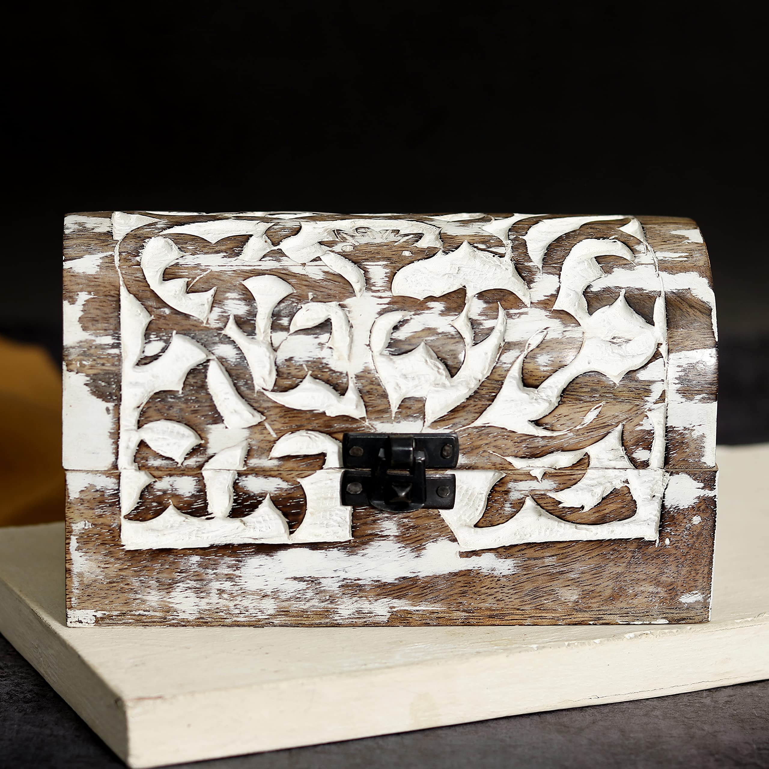 Shilppam Wooden Hand carved multipurpose keepsake box I Hand crafted wooden jewelry box I Decorative storage organisor (White)