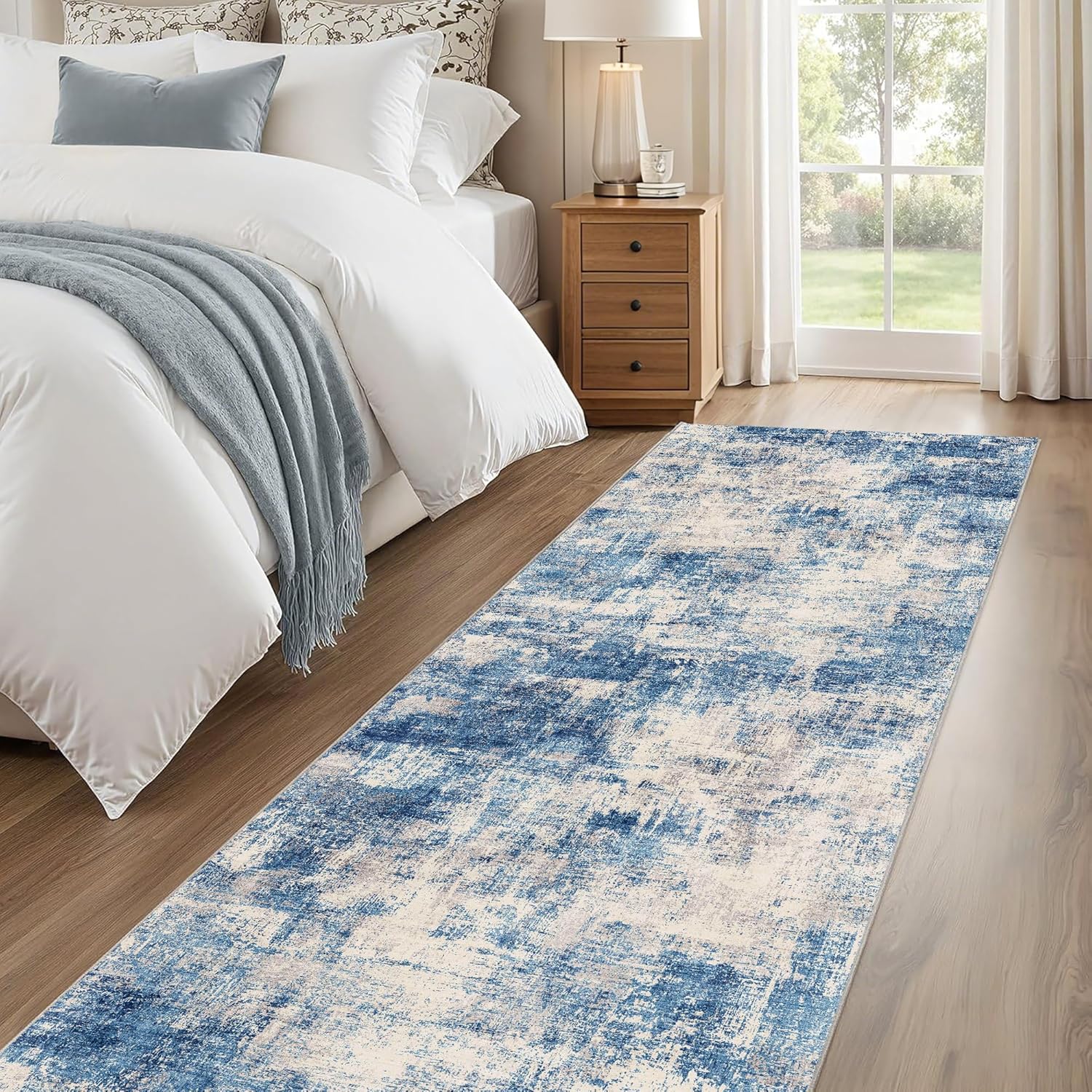 2x6 Modern Abstract Rug Washable Area Rugs for Living Room Bedroom Dining Room Non-Slip Low Pile Neutral Large Rug Soft Indoor Floor Carpet, Blue