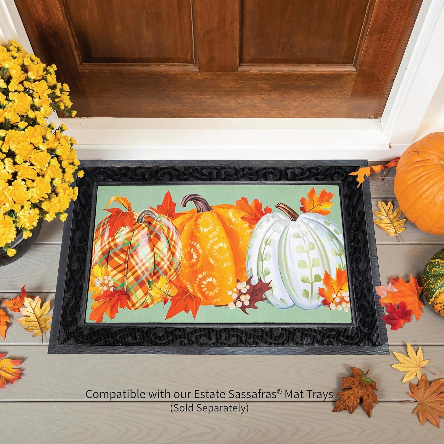 Evergreen Fall Pumpkins Sassafras Estate Door Mats, 30 x 18 Inches Sassafras Fall Doormats for Front Door Outdoor Entrance, Indoor Welcome Mats for Entryway