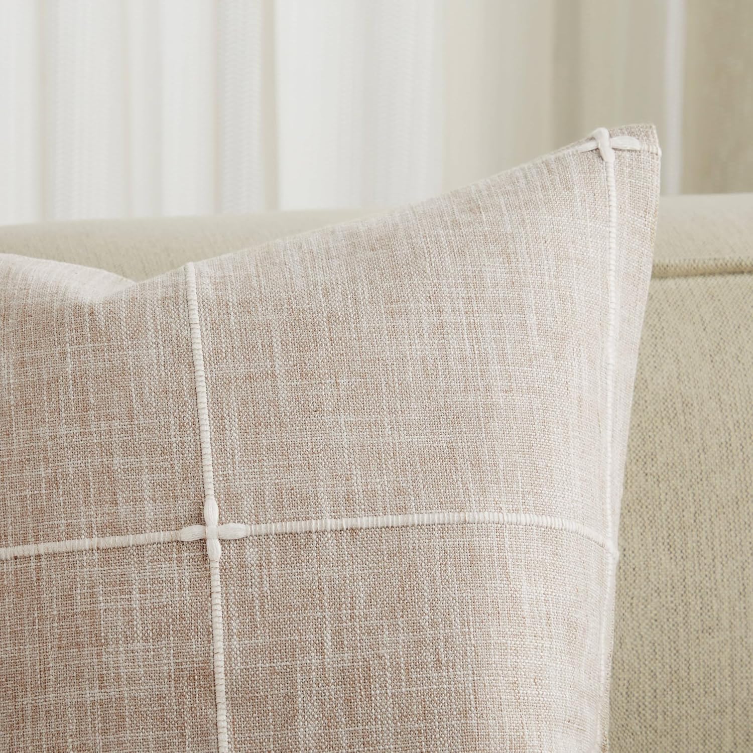 2 Packs Grid Embroidery Lumbar Throw Pillow Covers, 12x20 Inch Taupe, Farmhouse Linen Decorative Light Brown Cushion Covers for Sofa Bed Living Room Home Decor - Image 2