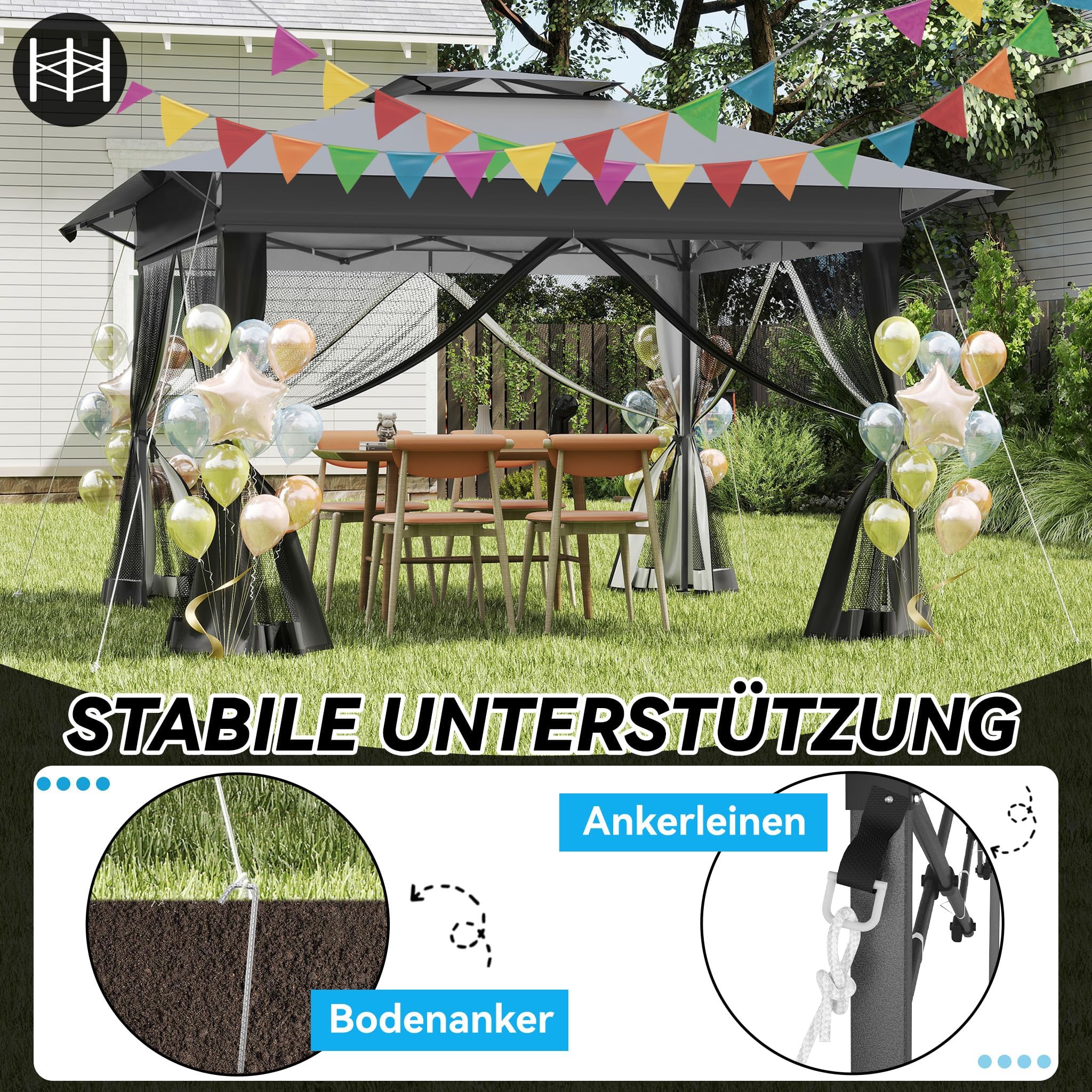 LZQ Tonnelle pliante 4 x 4 m anthracite - Avec double toit - Parties latérales en moustiquaire amovibles - Hauteur réglable - Avec sac de transport, cordes à vent et piquets pour jardin, terrasse et