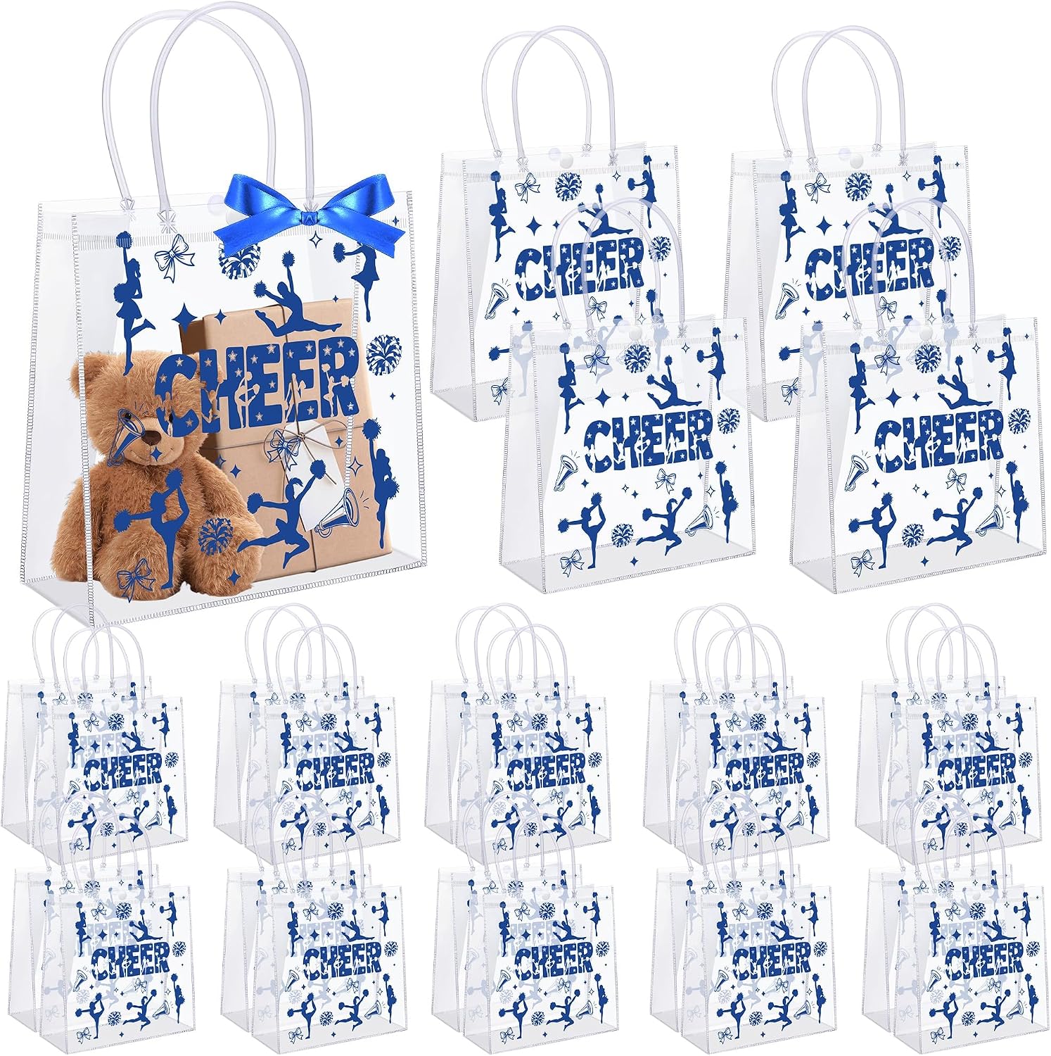 Aodaer 24 Pack Cheer Clear Treat Bags with Handles and 1 Roll Ribbon PVC Gift Bags Cheerleader Goodie Treat Candy Bag for Cheer Team Present Wrap Tote Bags Bulk Cheerleader Party Supplies, Blue