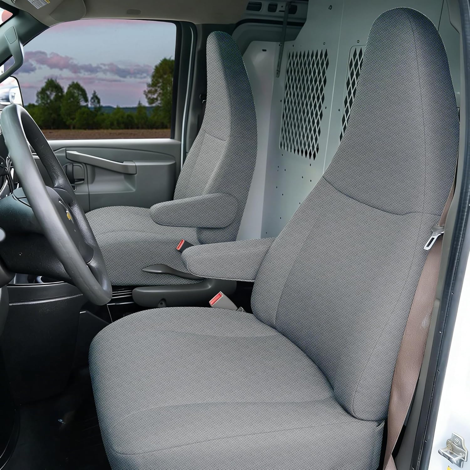 Custom Fit Seat Covers for Chevy Express 2010-2025 Front Bucket Seats with Grab Handle Cutout Heavy Duty Three-Layer Composite Fabric Protective Covers, Not for RV - Gray