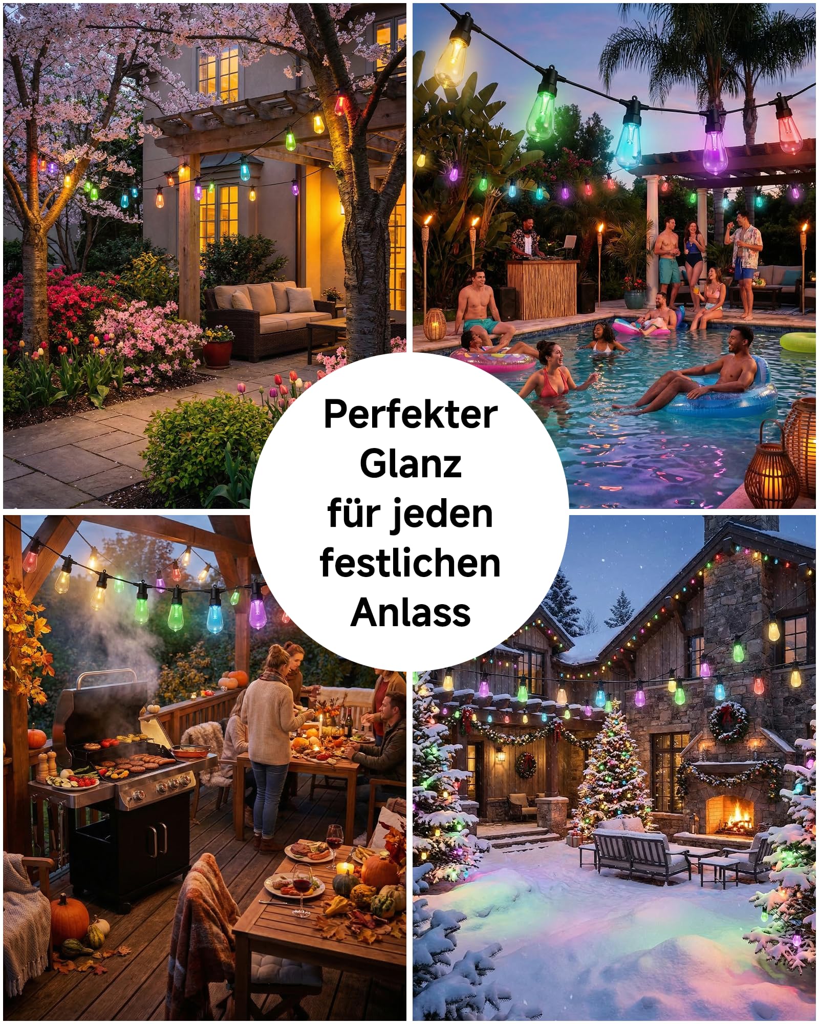 LED Lichterkette Außen ST48 15 m mit 20 LED-Lampen, LotusLamp X App & Fernbedienung, RGB Farbwechsel, IP65 Wasserdicht, Erweiterbar, LED Außenbeleuchtung für Garten, Terrasse & Balkon（50FT）