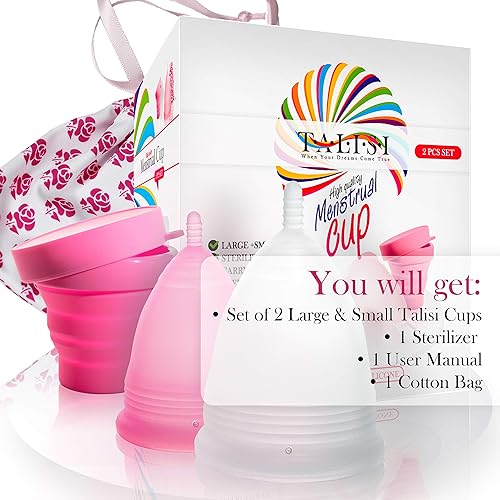 Miniatura 4 de Talisi - Juego de 2 tazas menstruales reutilizables con taza de esterilización plegable de silicona plegable alternativa a tampón y almohadilla taza