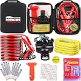 Car Roadside Emergency Kit, with Jumper Cables Automotive Kit,Car Safety Roadside Assistance Kit Headlamp,Tow Straps, Safety Hammers, Rainwear, Gloves.Black