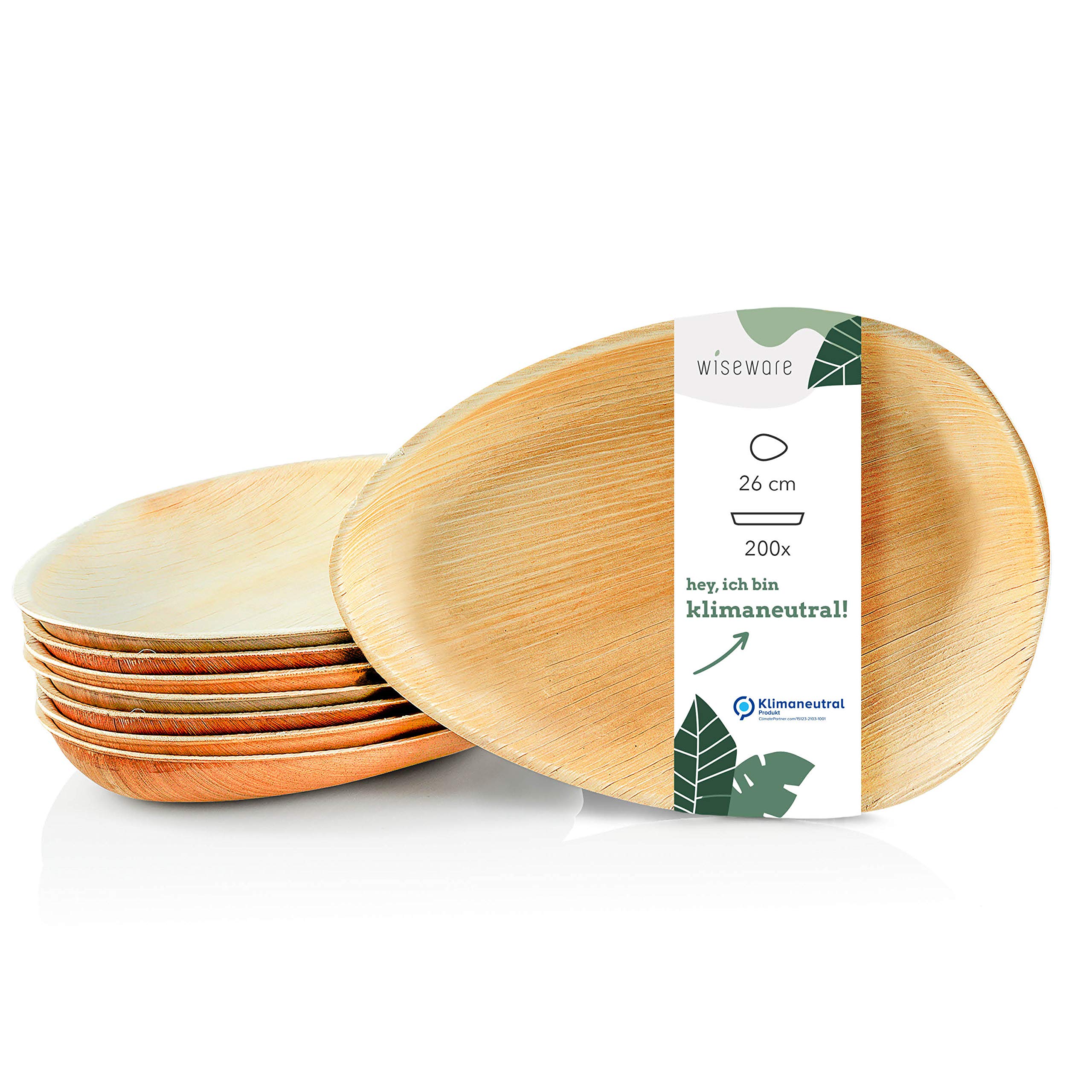 Wiseware Talerze z liści palmowych w kształcie kropli – 200 sztuk jednorazowych talerzy owalnych Ø 26 cm – biodegradowalne naczynia z liści palmowych – naczynia imprezowe z możliwością kompostowania –