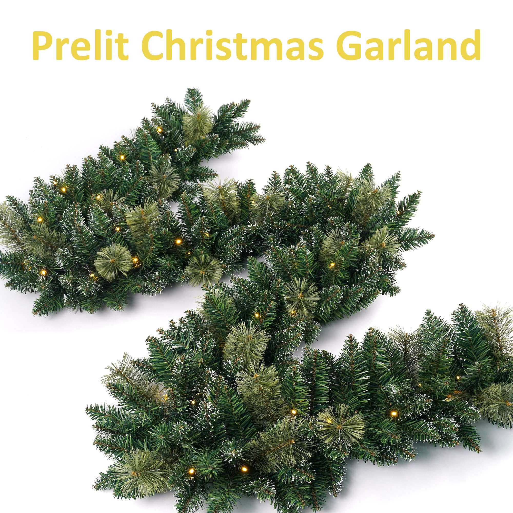 Guirlande de Noël pré-éclairée de 2,7 m avec 50 lumières LED, guirlande de Noël style neige, décoration de Noël à piles pour cheminée, escalier, intérieur et extérieur