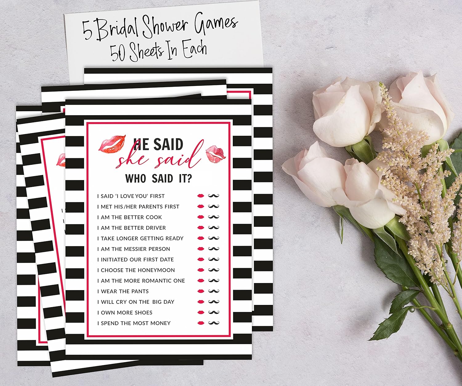 Striped Theme Bridal Shower Games Set of 5 (Activities for 50 Guests) Fun Bachelorette Party Games Set Bundle