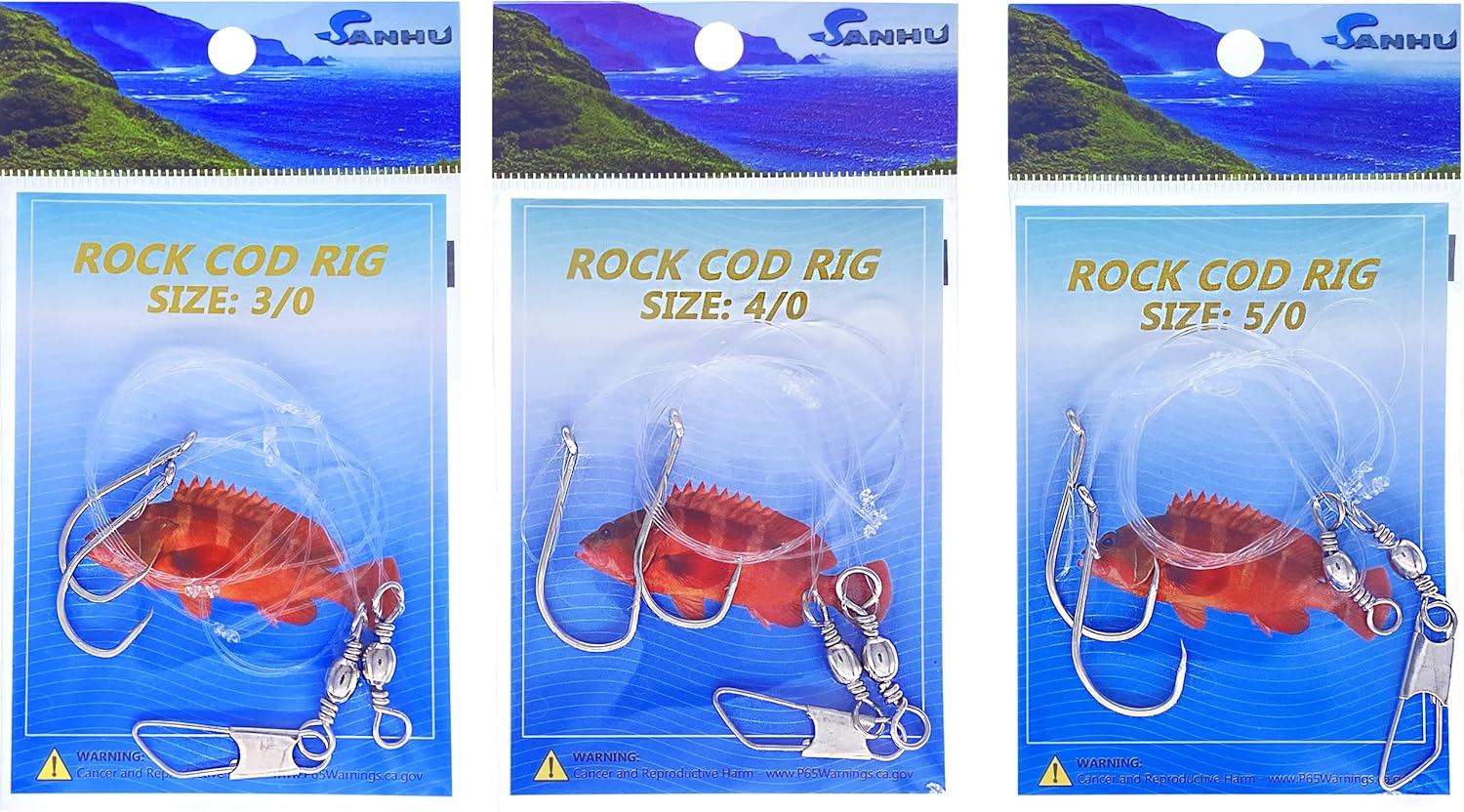 Sanhu Rock Cod Rigs, 2 Drop Fishing Rigs with 3/0 4/0 5/0 Hooks, 12 Packs for Saltwater Bottom Fishing, Ideal for Rockfish, Snapper & Cod