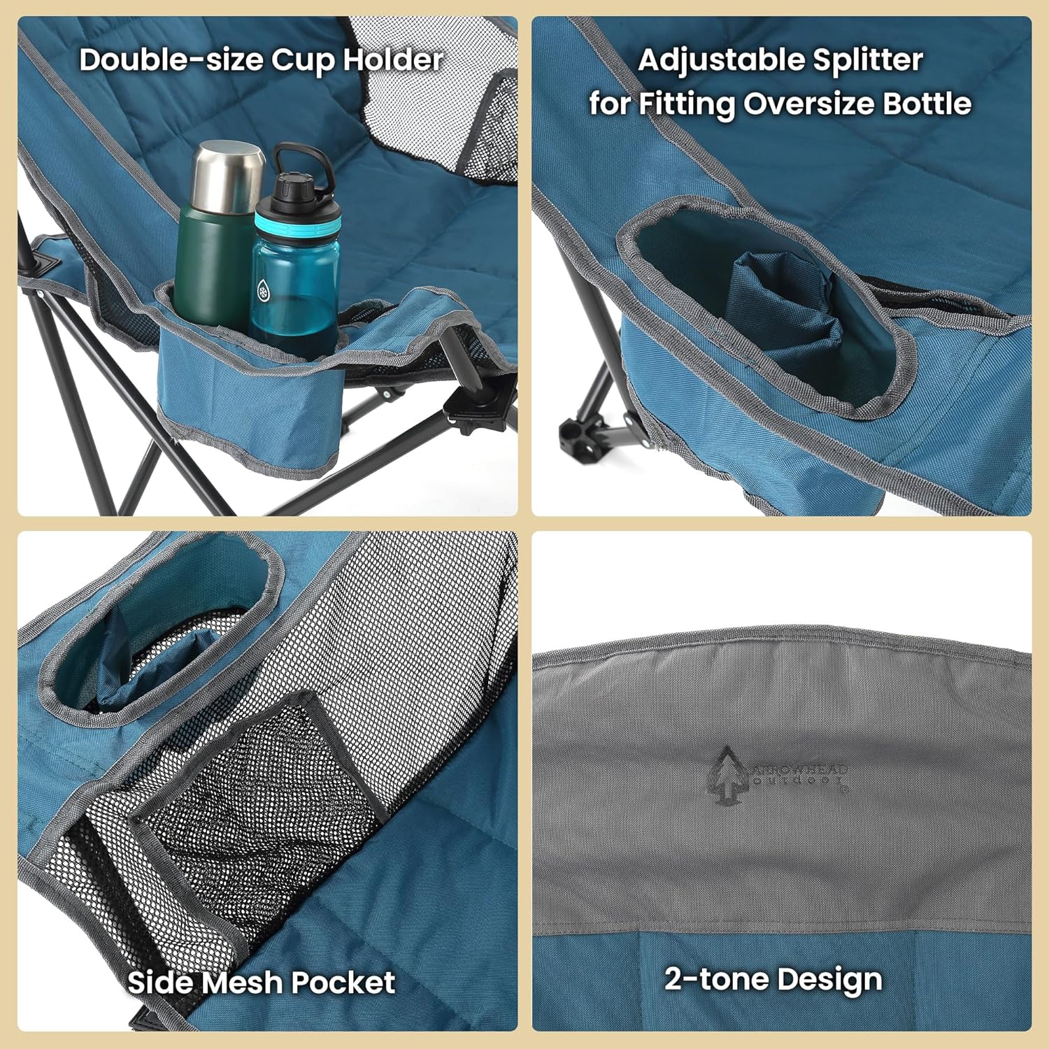 ARROWHEAD OUTDOOR Oversized Folding Camp Chair w/Adjustable Double Sized Cup Holder, Mesh Sides, Inner Pockets, Carry Bag, 300 LBS Weight Capacity