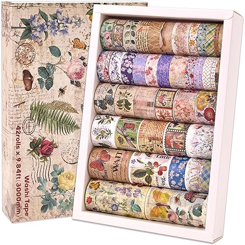 Juego de 42 rollos de cintas washi vintage, letras florales, mariposas, hongos, flores botánicas, cintas decorativas para álbumes de recortes,