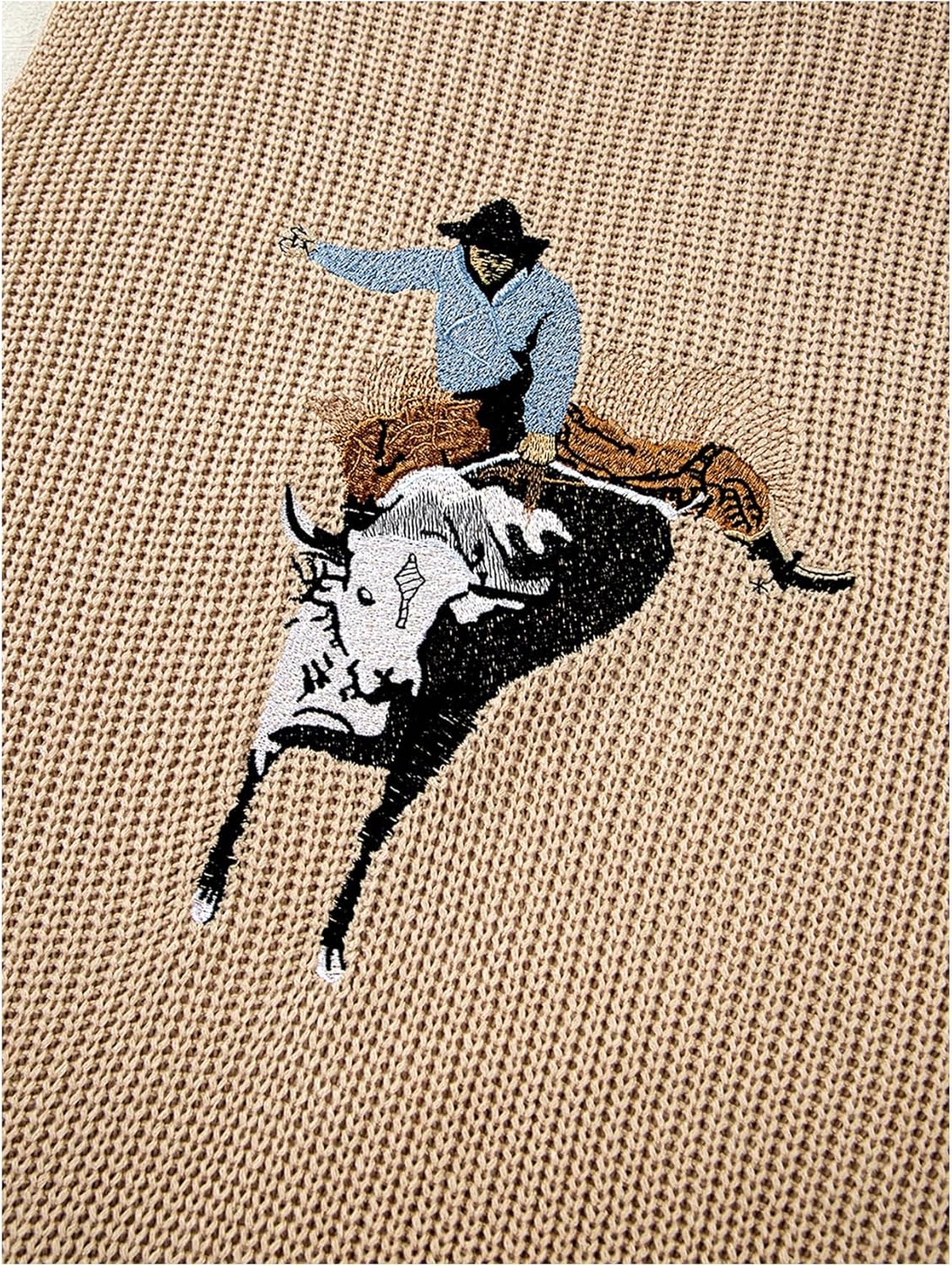 WDIRARA Women's Western Cowboy Embroidered Sweater Vest Crew Neck Cap Sleeve Pullovers Ribbed Knitwear