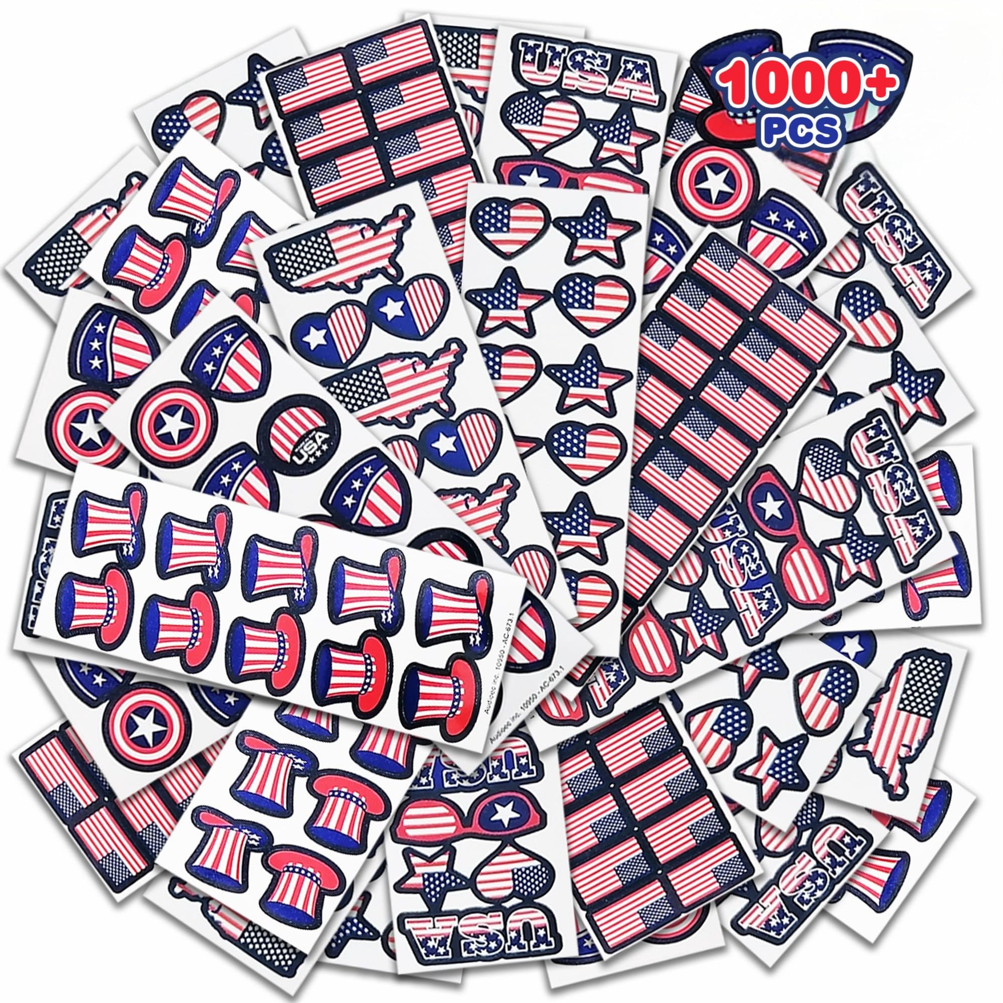 Artcreativity 1000+ Assorted 4th of July Stickers, Patriotic Sticker for Kids, 100 Bulk Stickers Sheets, Memorial Day Crafts for Kid, Memorial Day Decorations, 4th of July Party Favors for Kids