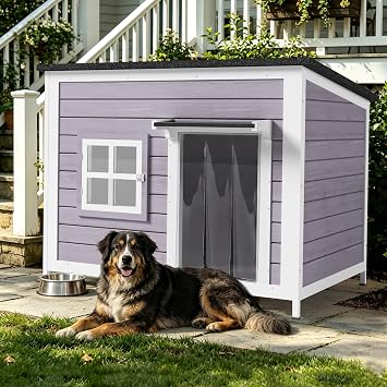 43" Large Outdoor Dog House for Medium & Large Dogs, Weatherproof Wooden Dog Kennel with Openable Asphalt Roof, Elevated Floor, Window & PVC Door Curtain, Easy Assembly
