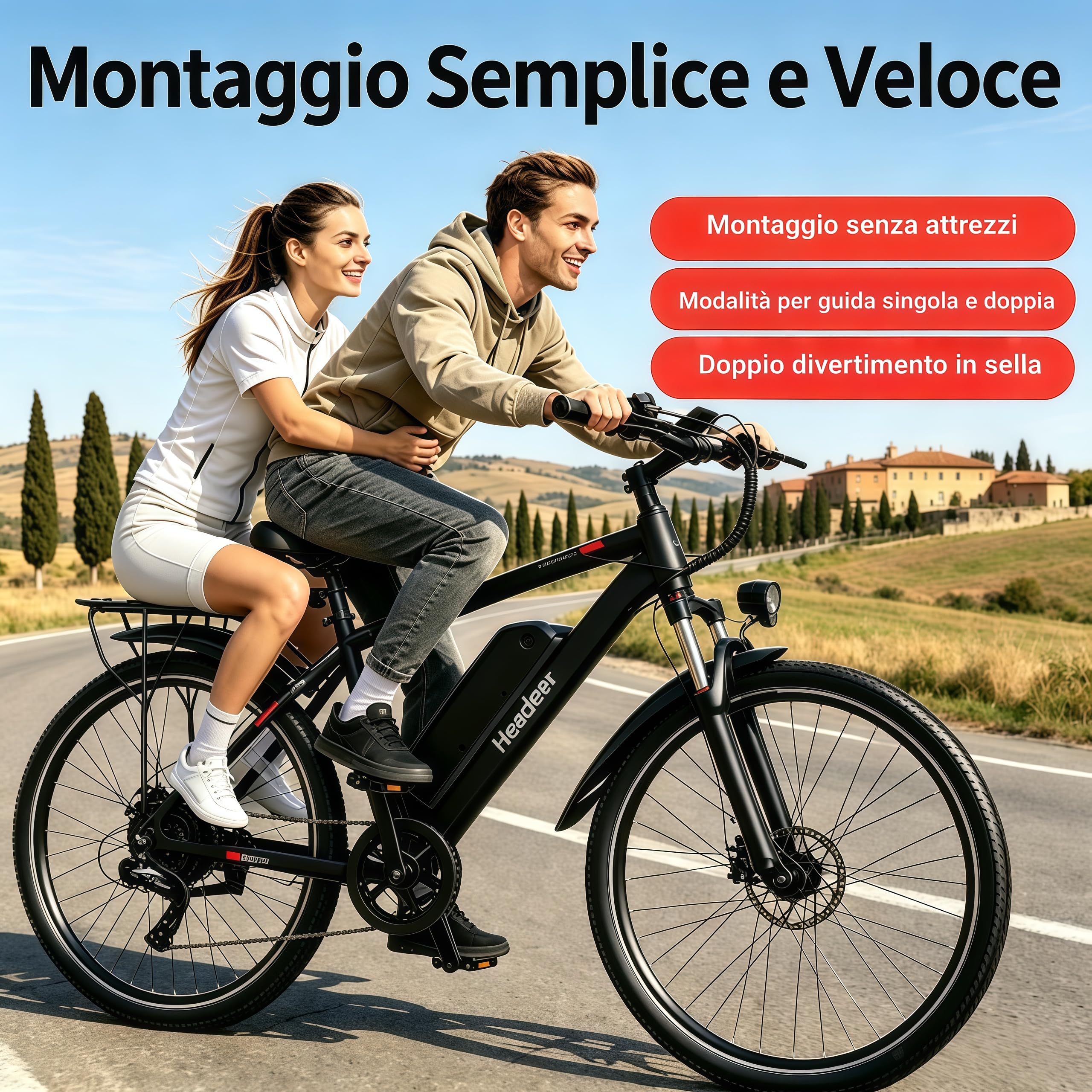 Bici Elettrica BK900 26" Mountain Adulti, Batteria Litio 48V 15Ah Rimovibile, Freni a disco meccanici, Forcella Ammortizzata, 5 Assistenze, Autonomia 90‑120km, Velocità 25km/h, Portapacchi Posteriore