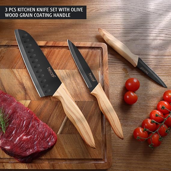 hecef Kitchen Knife Set 3 Pieces Stainless Steel Sharp Blades Soft-Touch Wooden Handle - Chef's Knife Utility Knife Vegetable Knife Professional Knife Set for Kitchen and Home